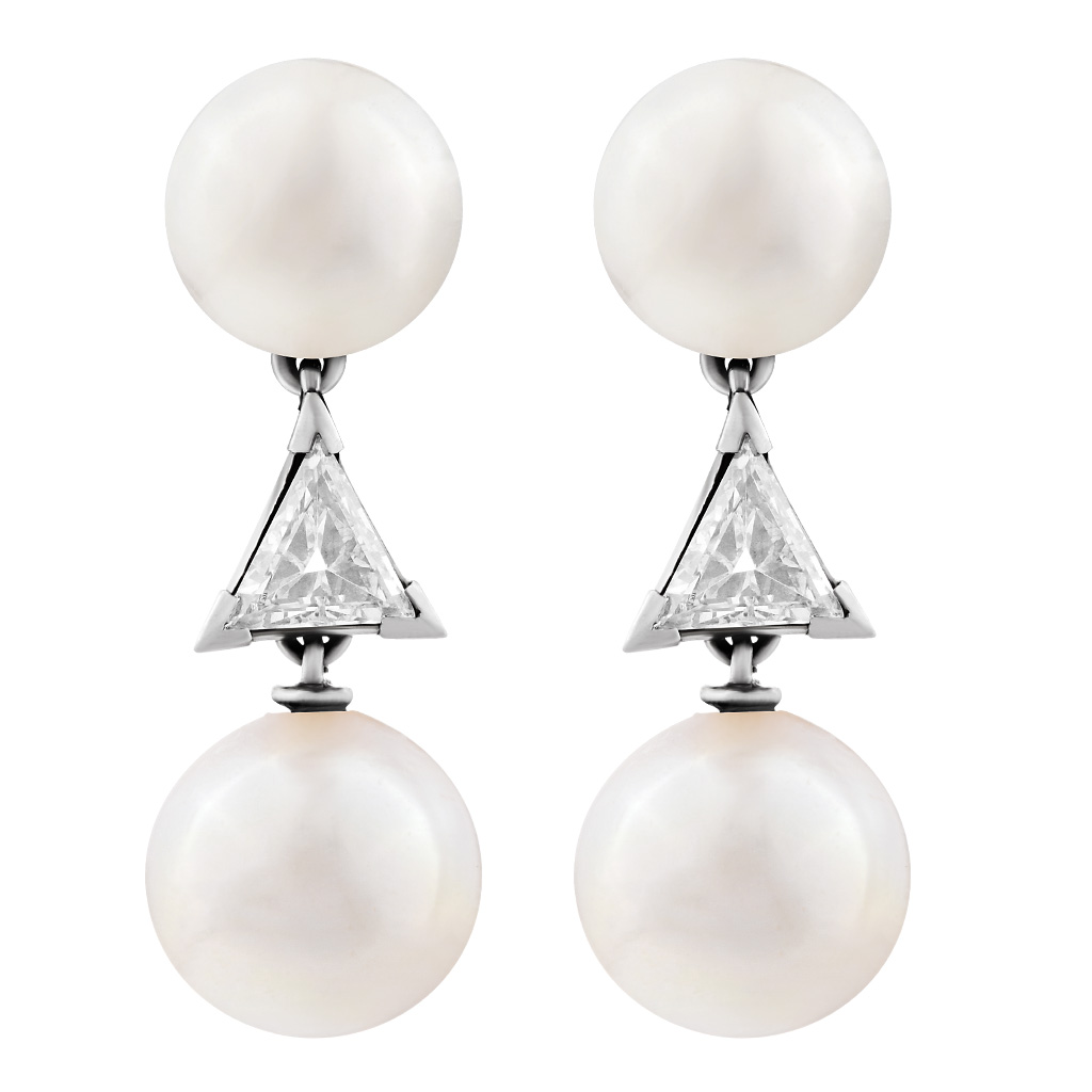 Pearl drop earrings in 18k white gold with single trillion station, 9-10.5 mm pearls image 1