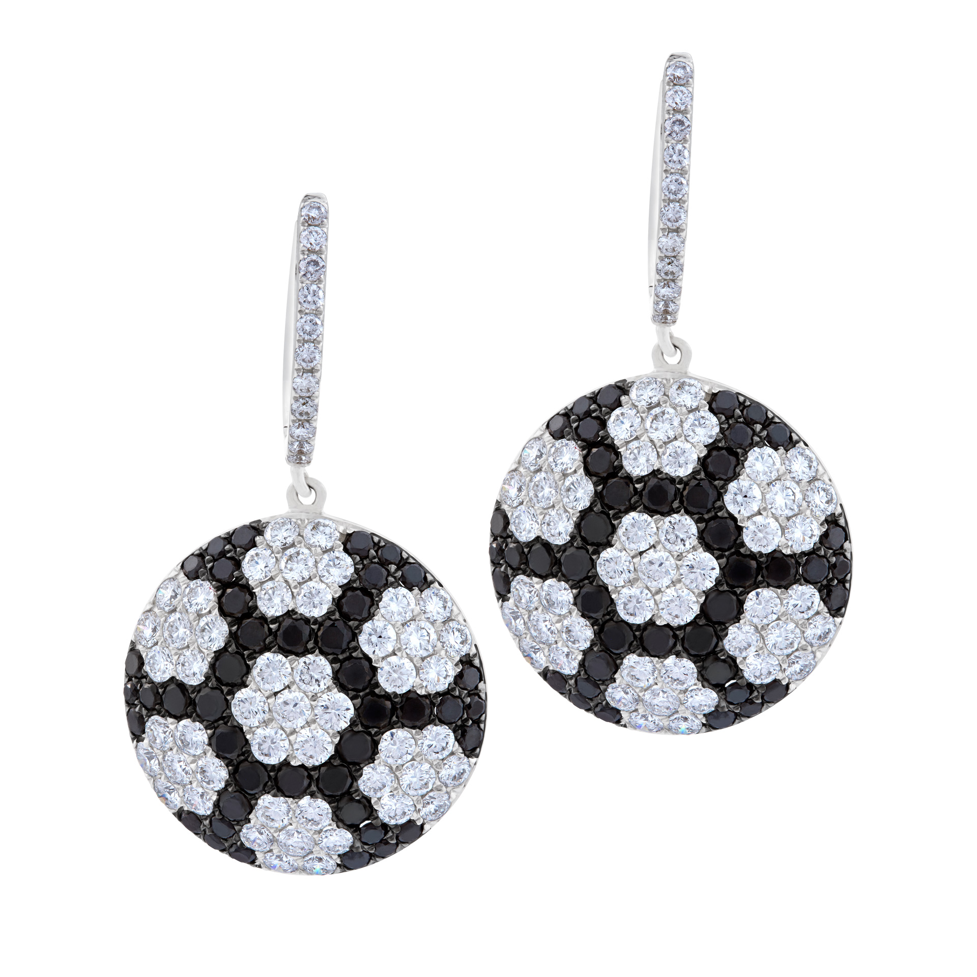 Flower disc black and white diamond earrings in 18k white gold. 6.00 carats image 1