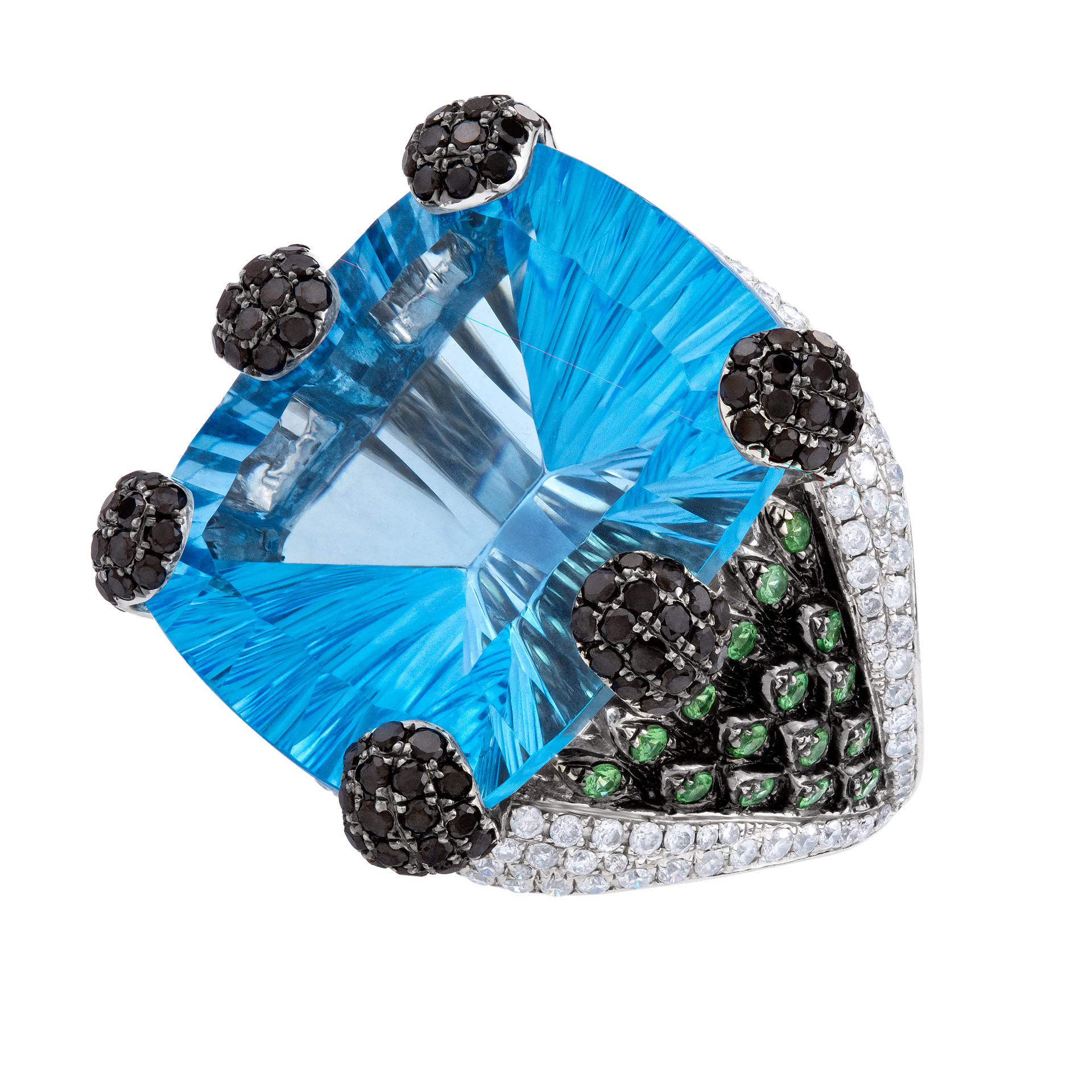 Blue topaz ring with green garnet, black and white diamonds image 1