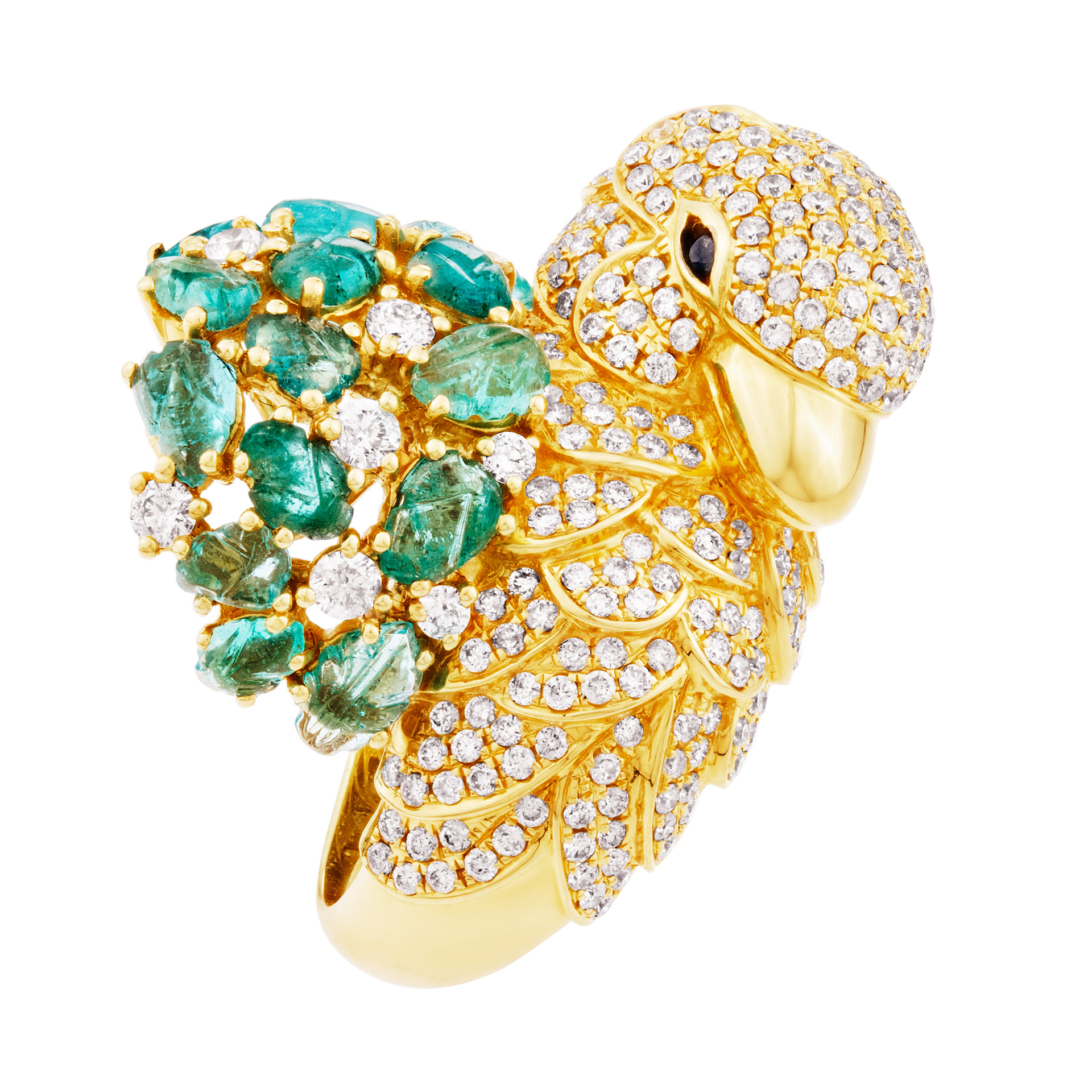 Love bird ring with white pave diamonds and emeralds image 1