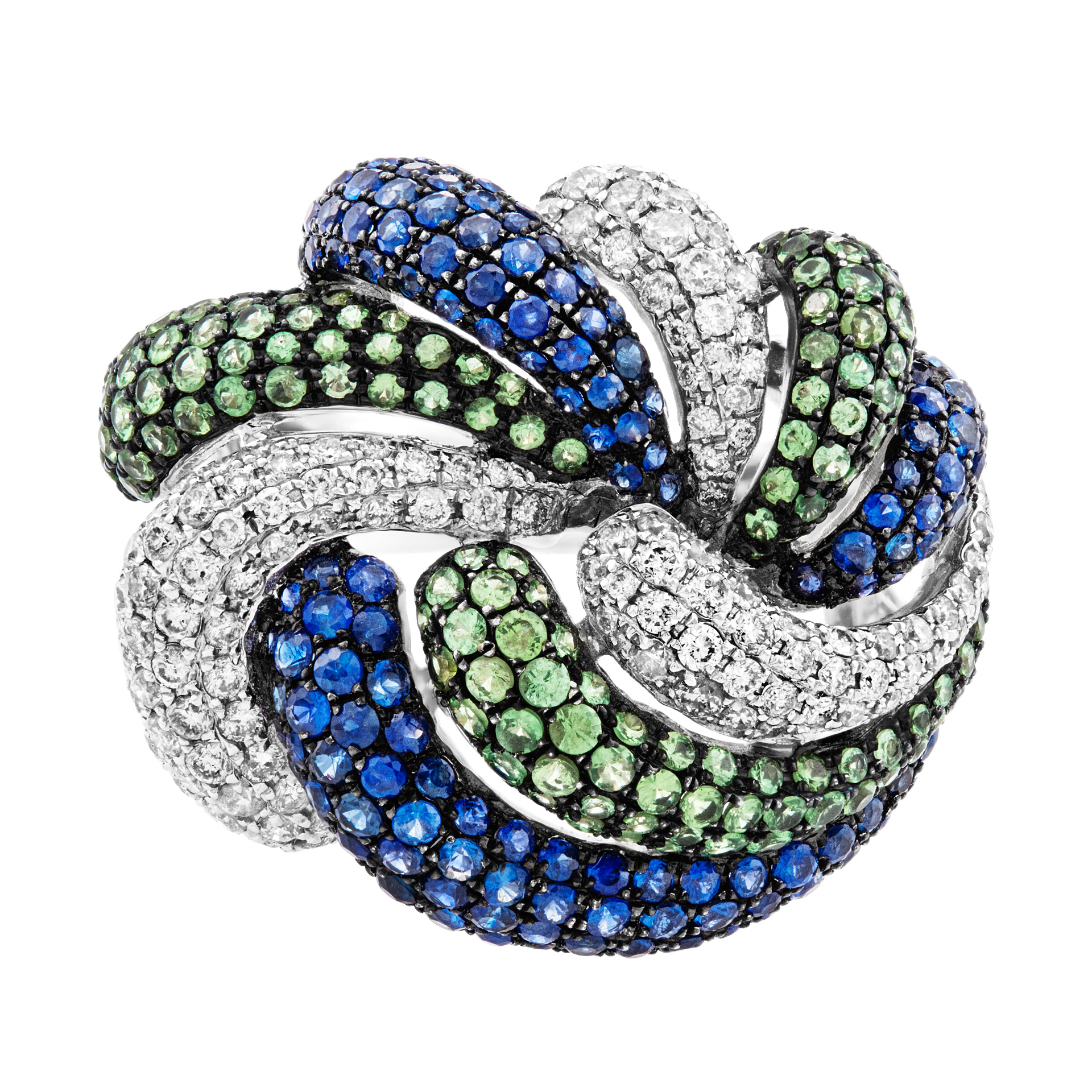 Flower petal ring in diamonds, sapphires and green garnets in 18k white gold image 1