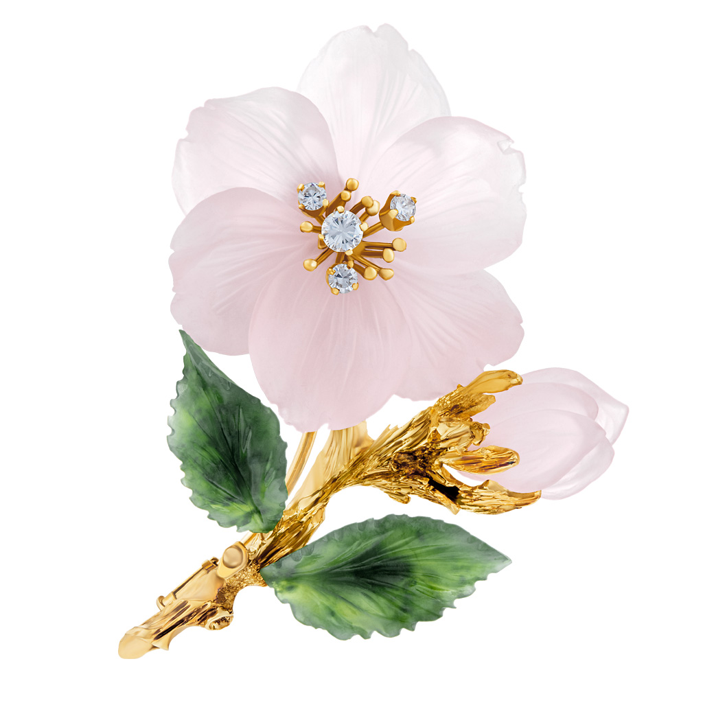 Crystal and jade flower brooch in 14k yellow gold with diamond accents. image 1