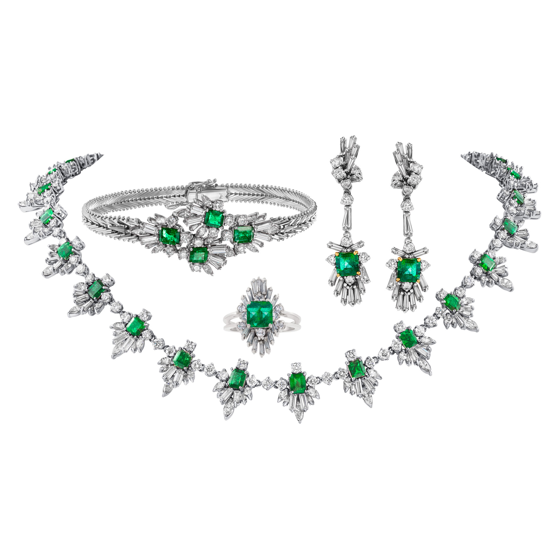 Emerald and diamond ring, earrings and necklace and bracelet in 18K white gold image 1