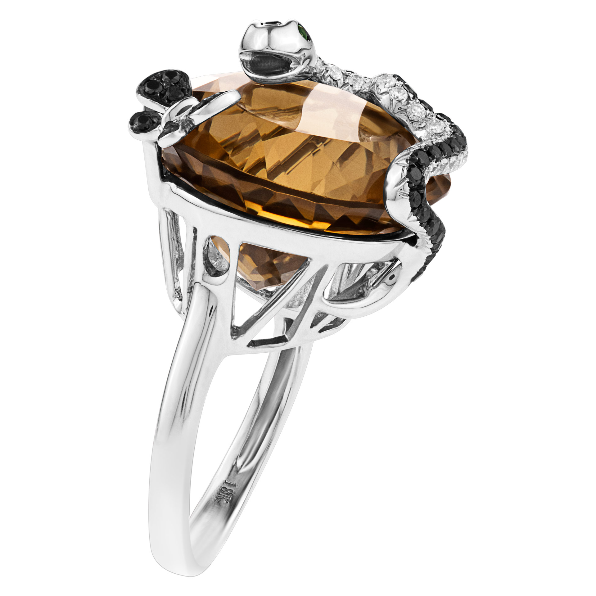 Champagne quartz ring with snake & butterfly accents in 18K white gold image 1