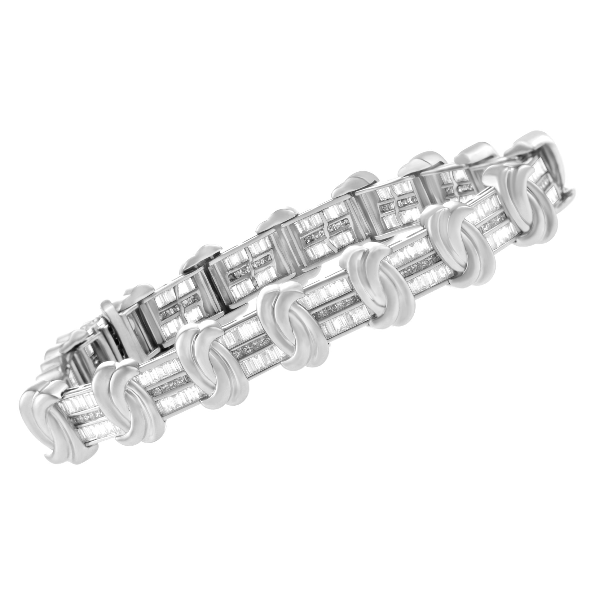 Ribbed station & baguette diamond bracelet in 14k white gold image 1