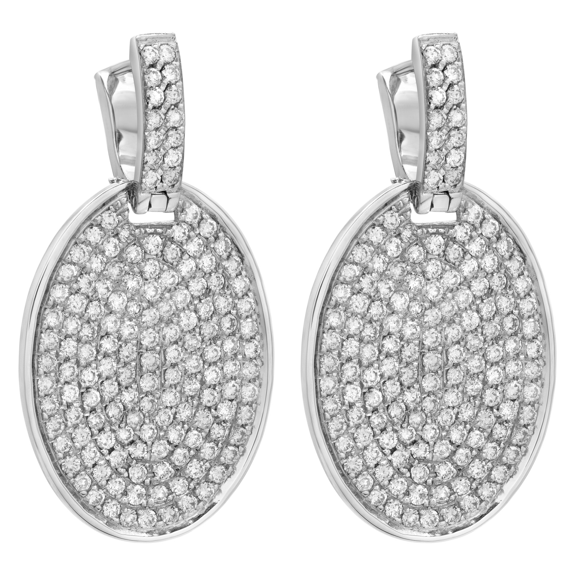 Pave diamond disc drop earrings in 18k white gold. 7.0 carats (F-G color, VS2-SI) image 1