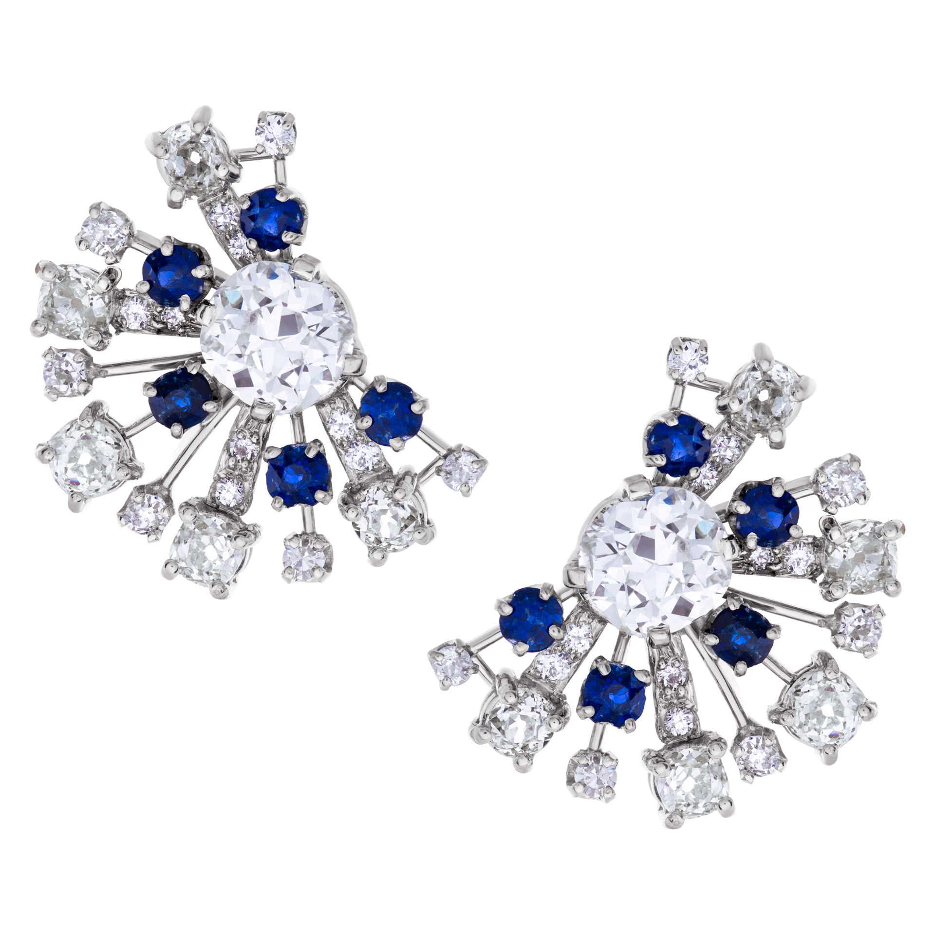GIA certified cushion brilliant diamonds and fan sapphire earrings in platinum. image 1