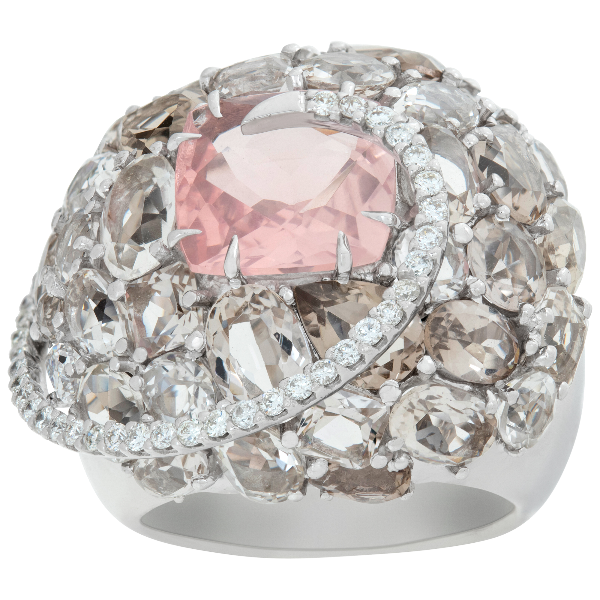 Designer "Brumani", cushion rose quartz and various brillant cut smokey quartz stones dome ring set in 18K white gold image 1