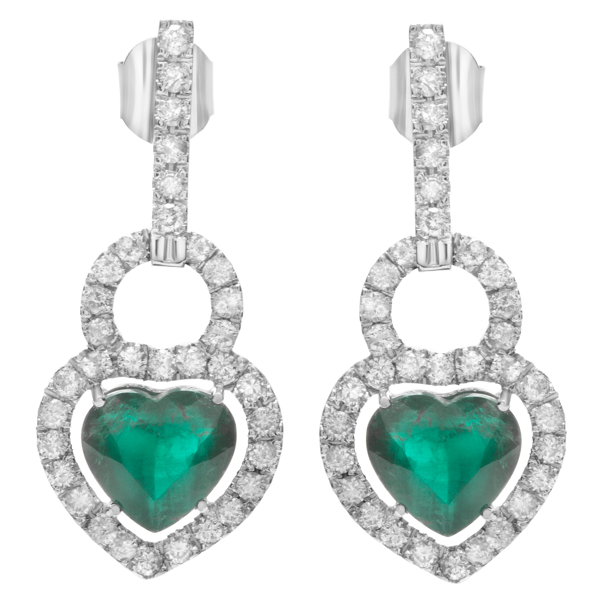 Heart shape emerald earrings with 2.80 cts in diamonds set in 18k white gold image 1