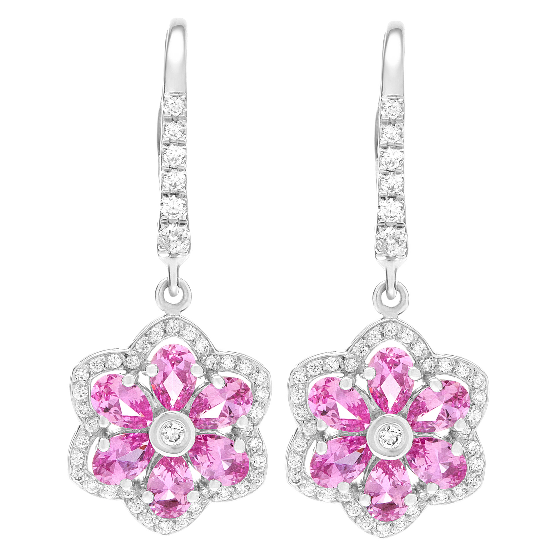Sweet flower earrings with 2.26 cts pink sapphires with 0.51 cts in diamonds set in 18k white gold image 1