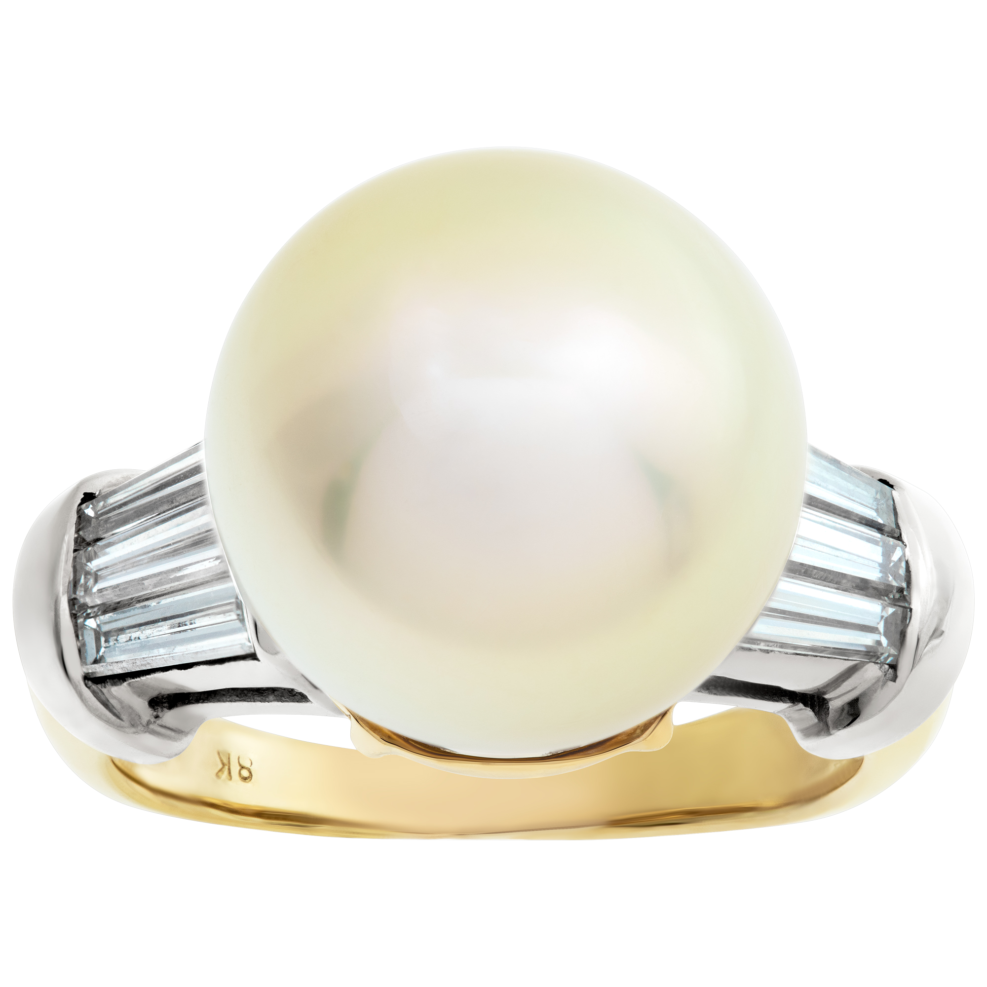 Golden South Sea pearl (13x 13.5mm) and tapered baguette diamonds ring set in 18K gold.Size 7 image 1