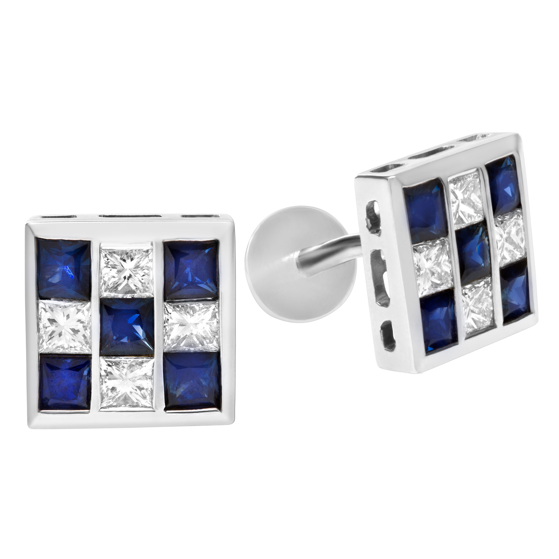 Checkboard sapphire & princess diamond cufflinks. 2.2cts in sapphires in 14k white gold image 1