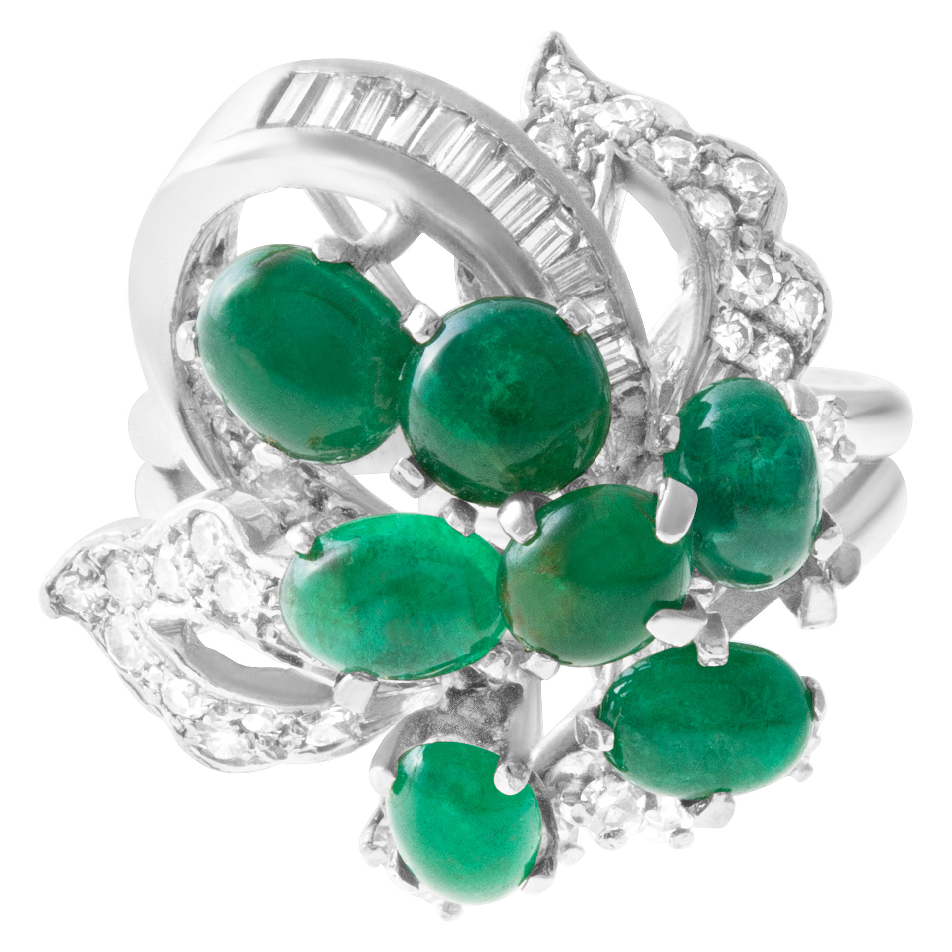 Vintage Ballerine ring w/ baguettes and round diamonds and cabochon emerald in 18K white gold image 1