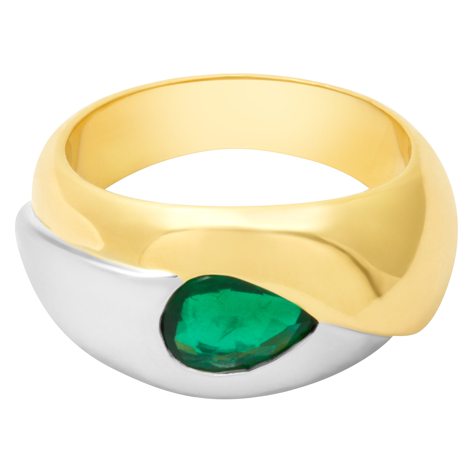 Swirl of 18k yellow and white gold ring featuring a 0.60 cts deep green emerald image 1