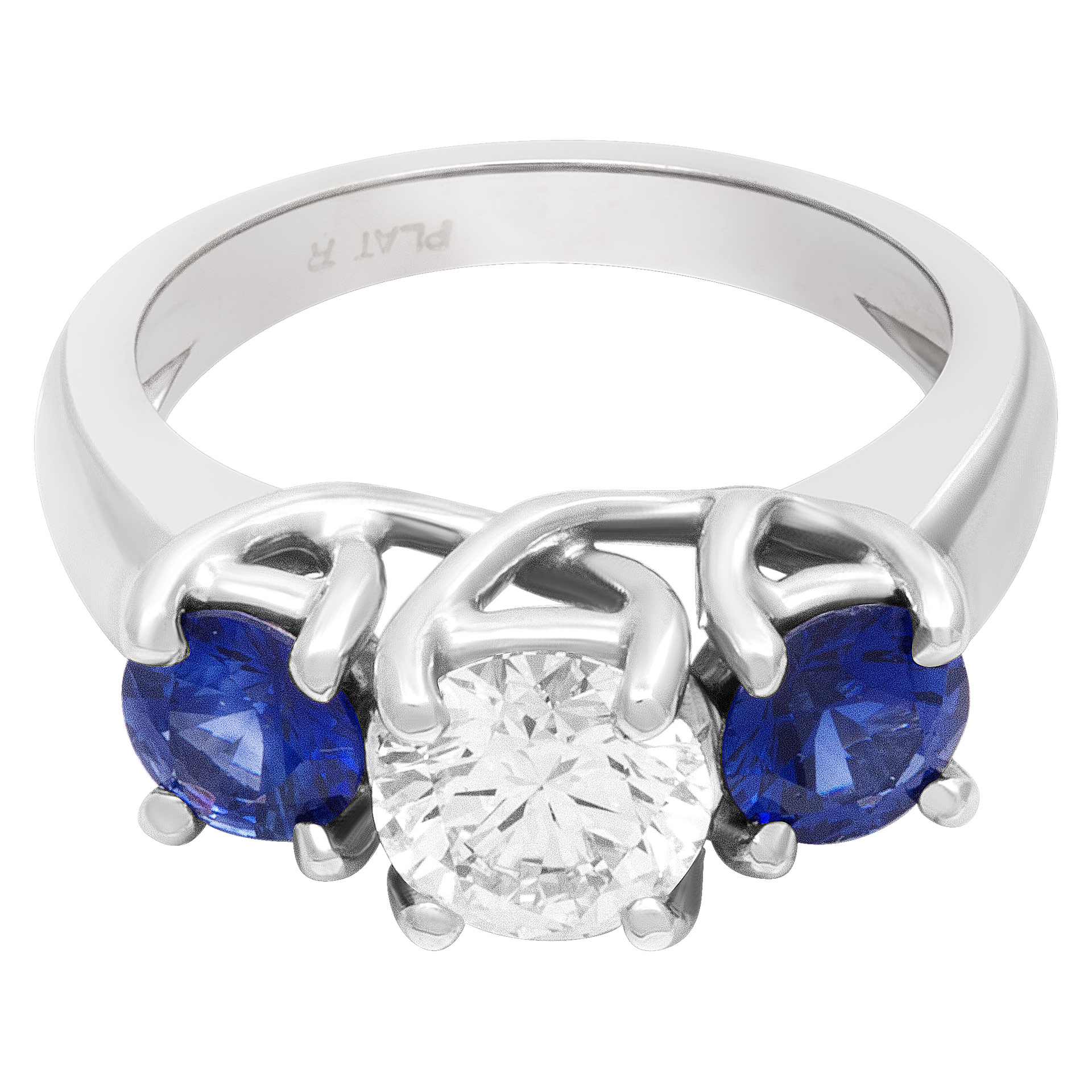 GIA certified round brilliant cut diamond 1.01 carat (H color, VS1 clarity) ring with 2 sapphires set in platinum. image 1