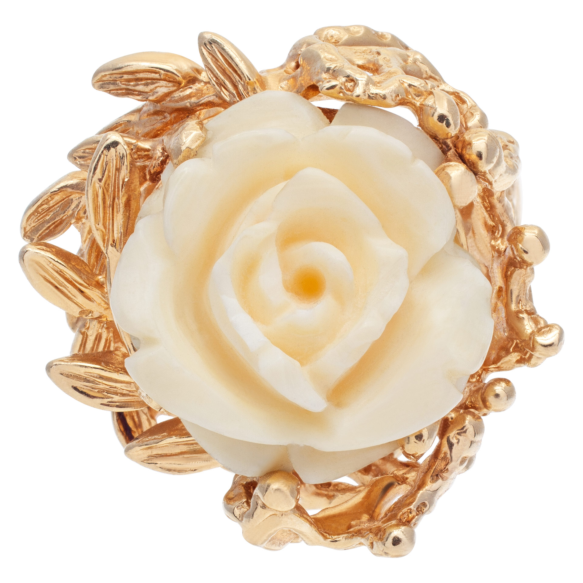 "Carved" Angel Skin coral rose 14k ring with branches and leaves image 1
