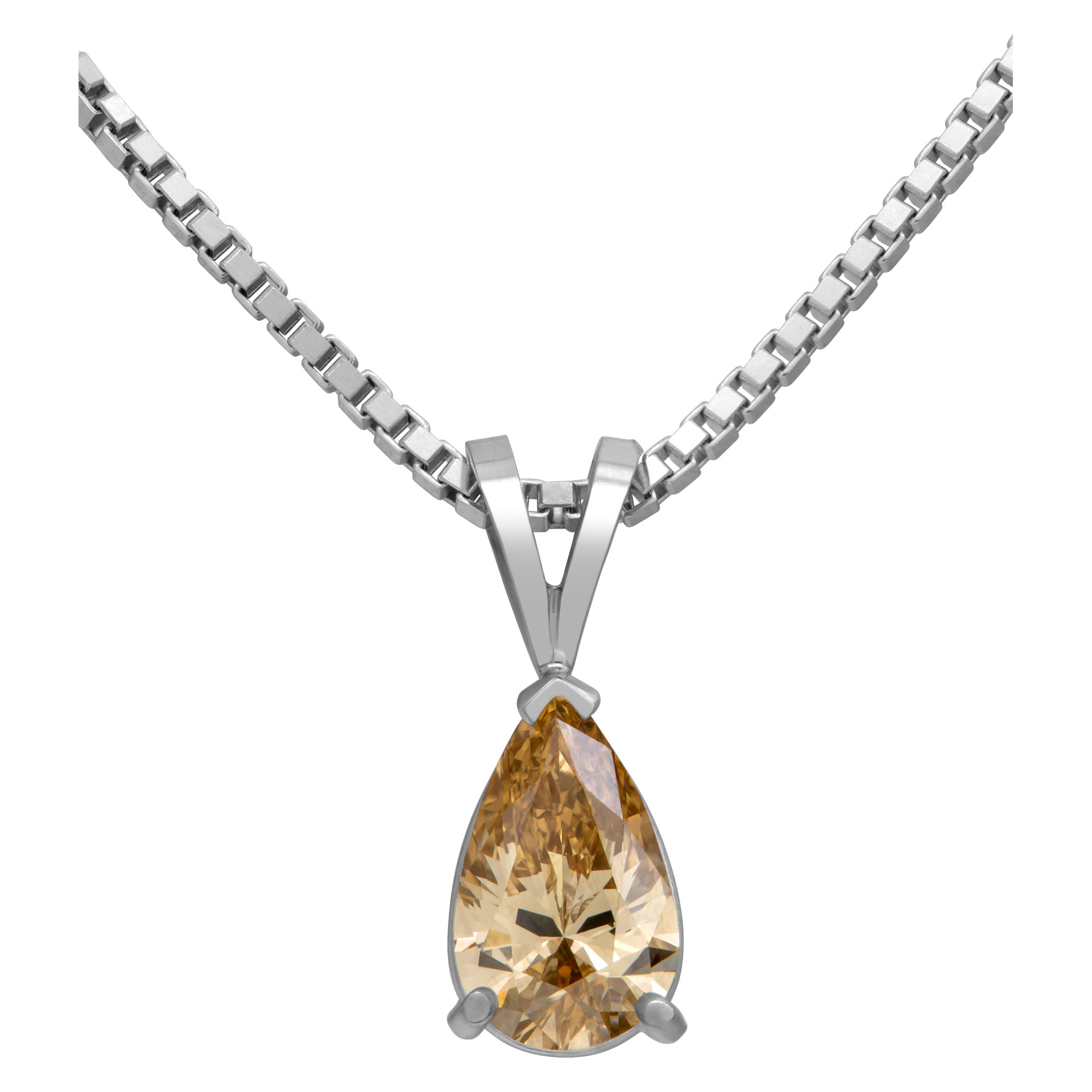 GIA certified 1.11 carat natural, fancy brown-yellow, even VS1 pear cut diamond on white gold pendant and chain . image 1