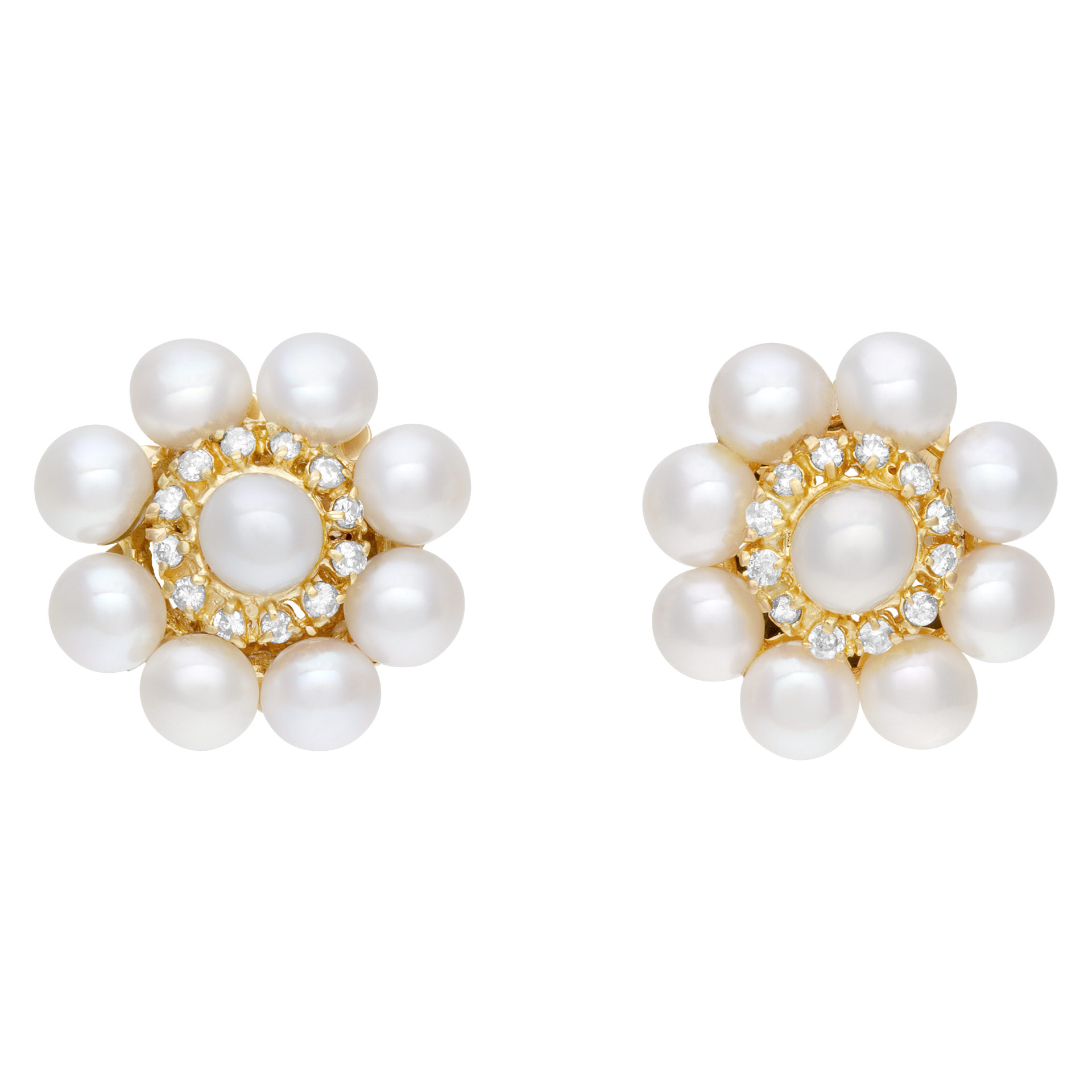 Elegant pair of pearl earrings with diamonds accents, set in 18K yellow gold. 20mm diameter. image 1