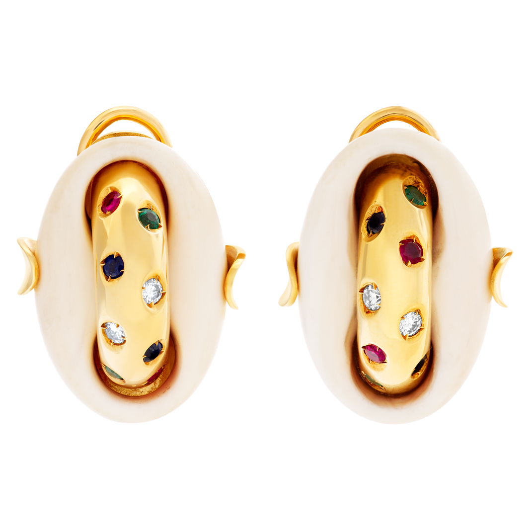 Unique earrings in 18k yellow gold with diamonds, rubies, sapphire and emeralds. image 1