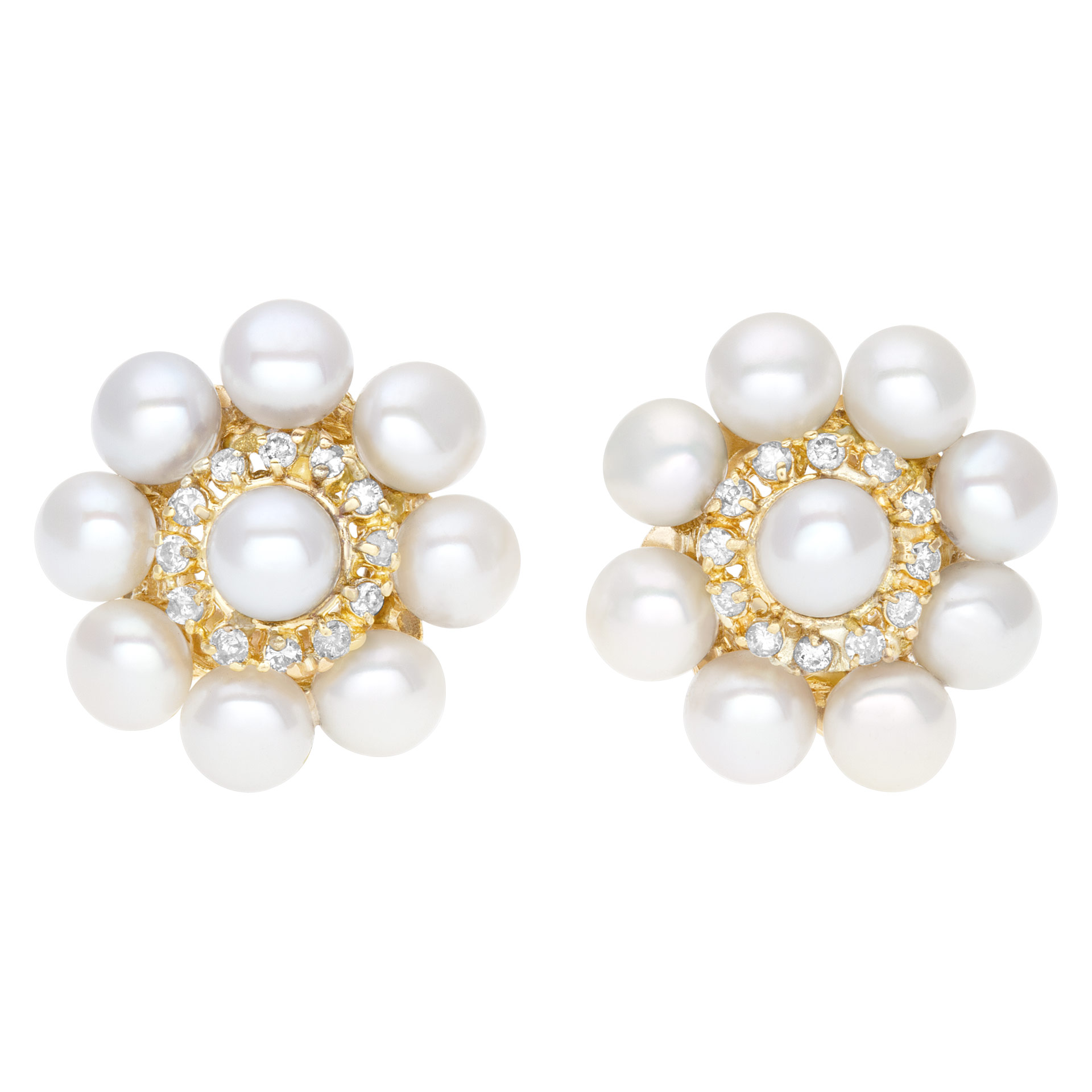 Elegant pair of  pearl earrings (5 x5.5mm) with diamonds accent., set in 18K yellow gold with post and omega clip on. image 1