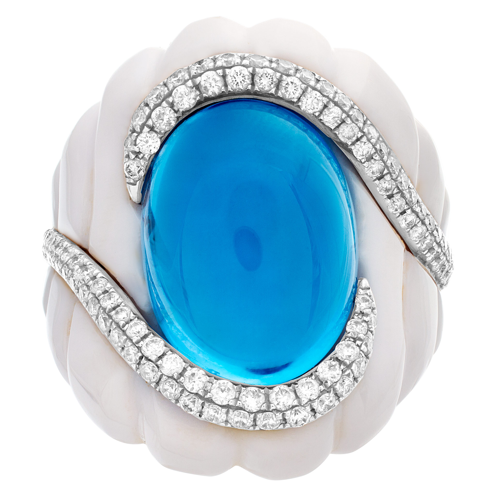 Michael Christoff agate and topaz ring. The floating cabochon topaz of sky blue color and 14.43 carat is surrounded by a swirl of round G-H, I1-I2  diamond of 0.75 carats and a 31.83 carat fancy cut white agate stone. image 1