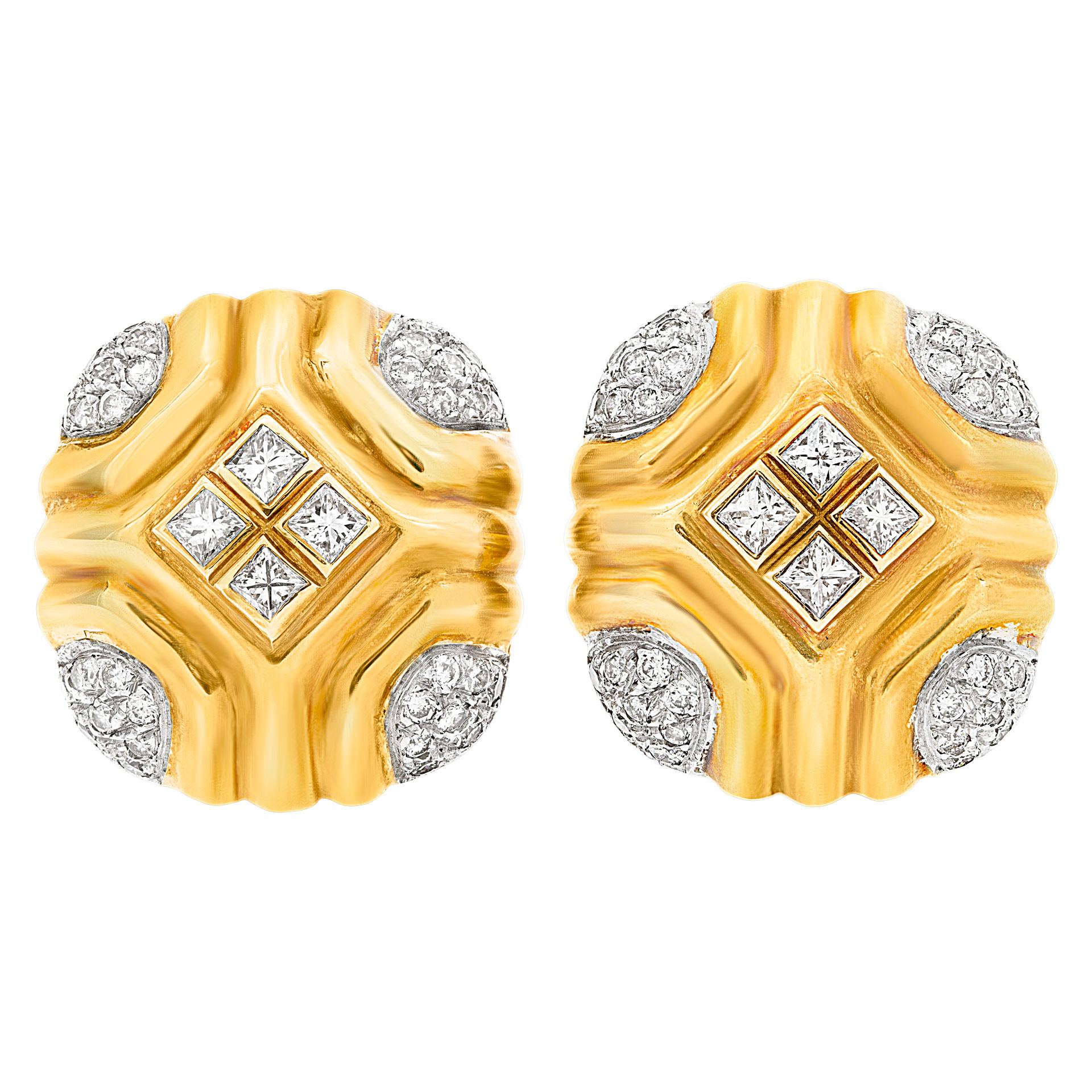Elegant square button diamond earrings with approximately 2 carats in round and princess cut diamonds image 1