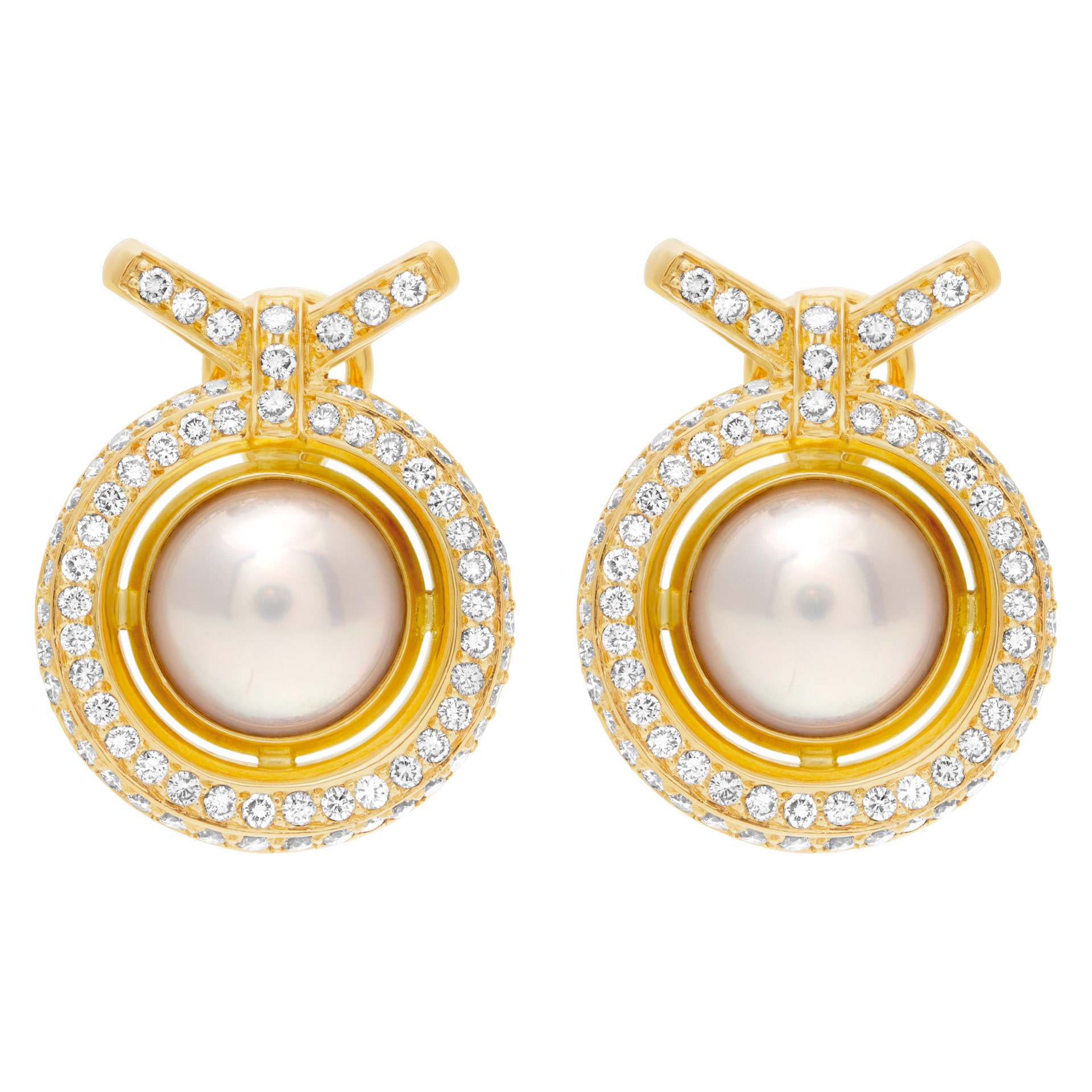 Button pearl earrings with pave diamonds in 18k image 1