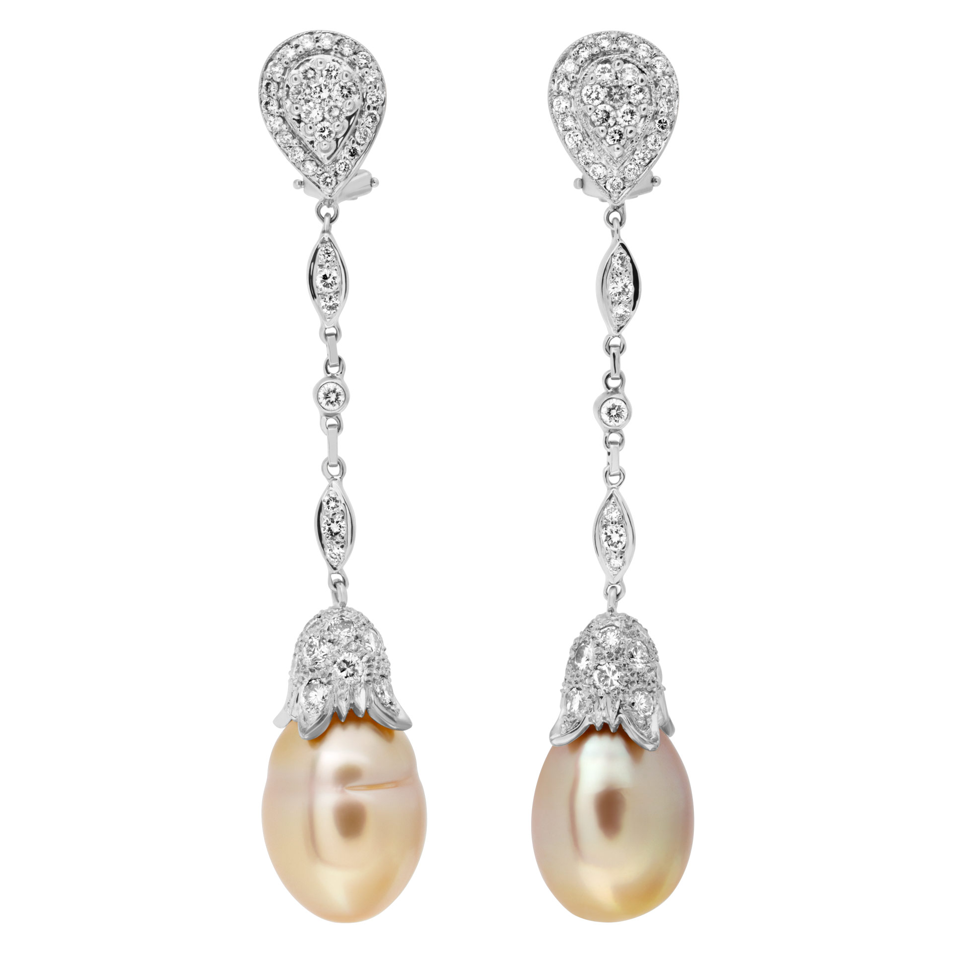 Rare pair of natural drop Golden South Sea Pearl earrings with diamonds in 18k whit gold image 1
