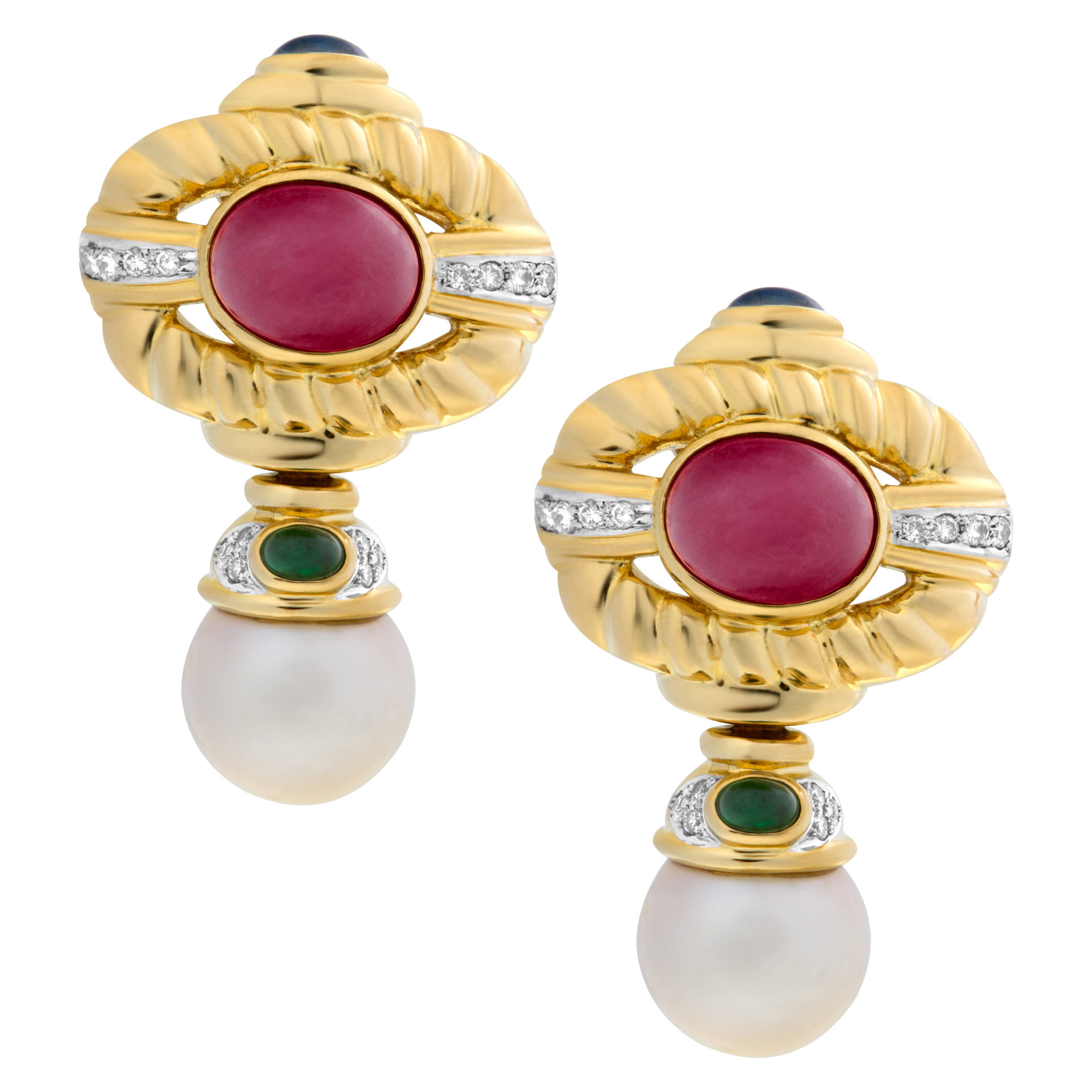 Dangling cultured pearl earings with cabochon rubies, emeralds, sapphires and pave diamonds image 1
