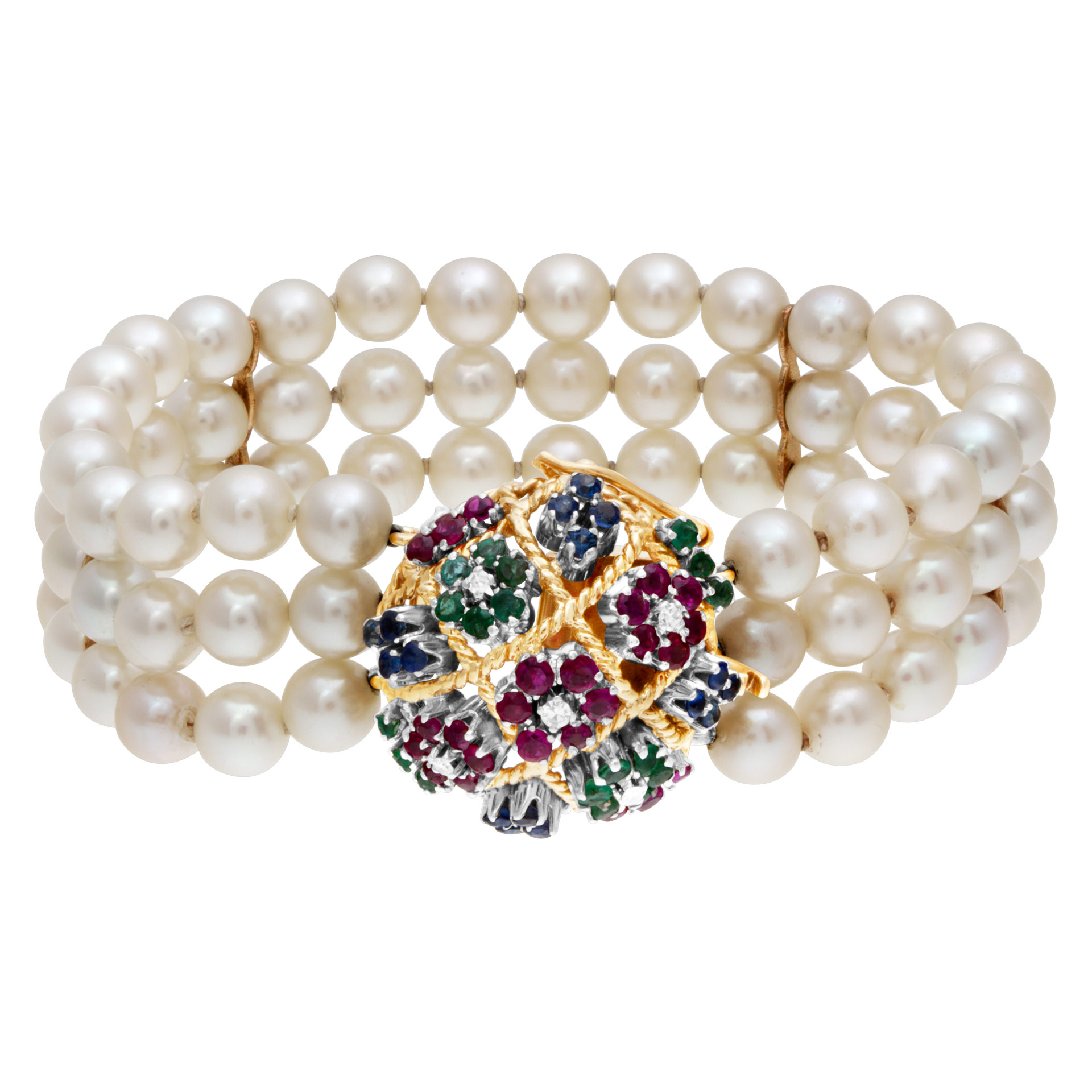 Three strand pearl bracelet with 18k gold clasp with emeralds, ruby and sapphire image 1