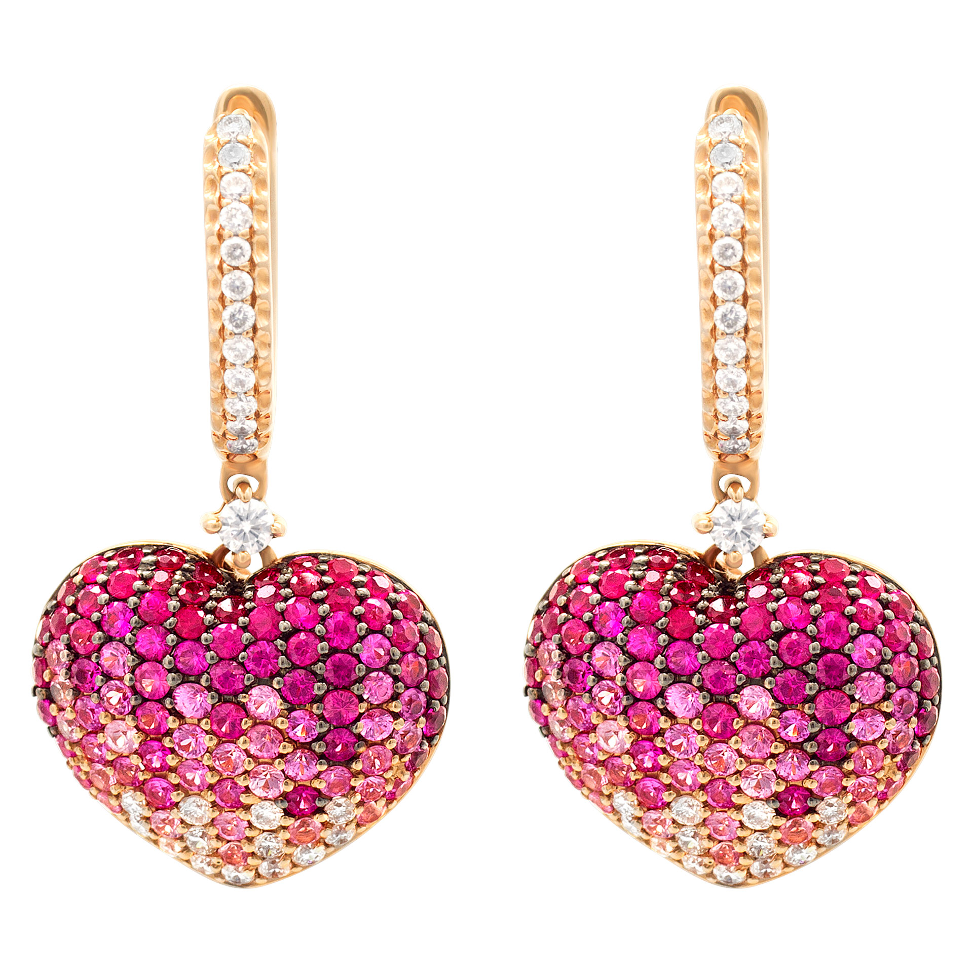Heart Shaped ruby, pink sapphire and diamond earrings in 18k rose gold image 1