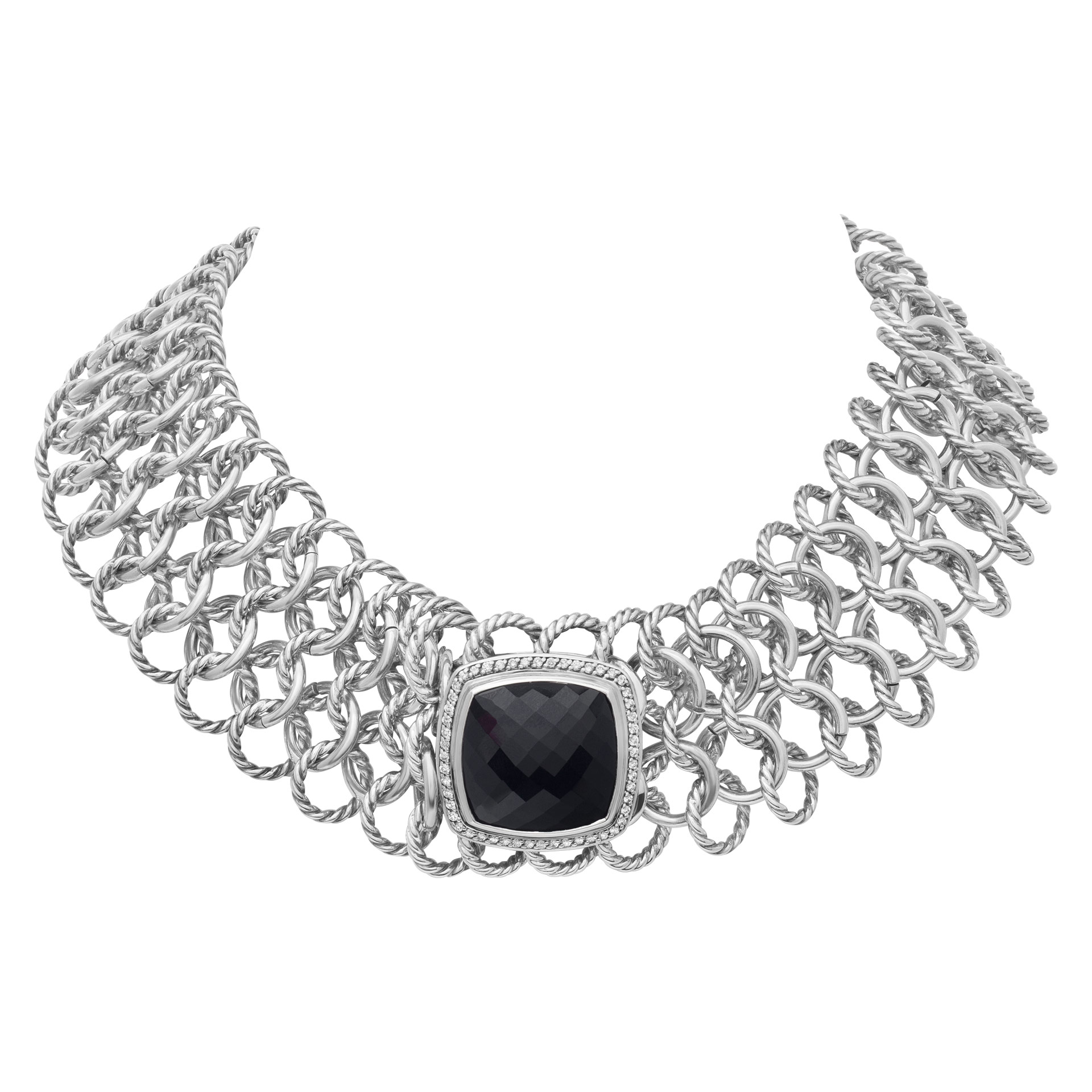 David Yurman Atlas Chainmail sterling silver choker necklace with faceted onyx surrounded by diamonds image 1