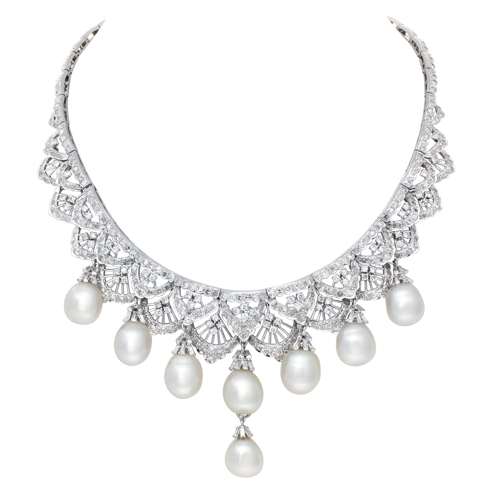 Spectacular Diamonds Necklace With Oval Shaped South Sea Peals. Over 8 Carats Full Cut Round Brilliant Diamonds. image 1