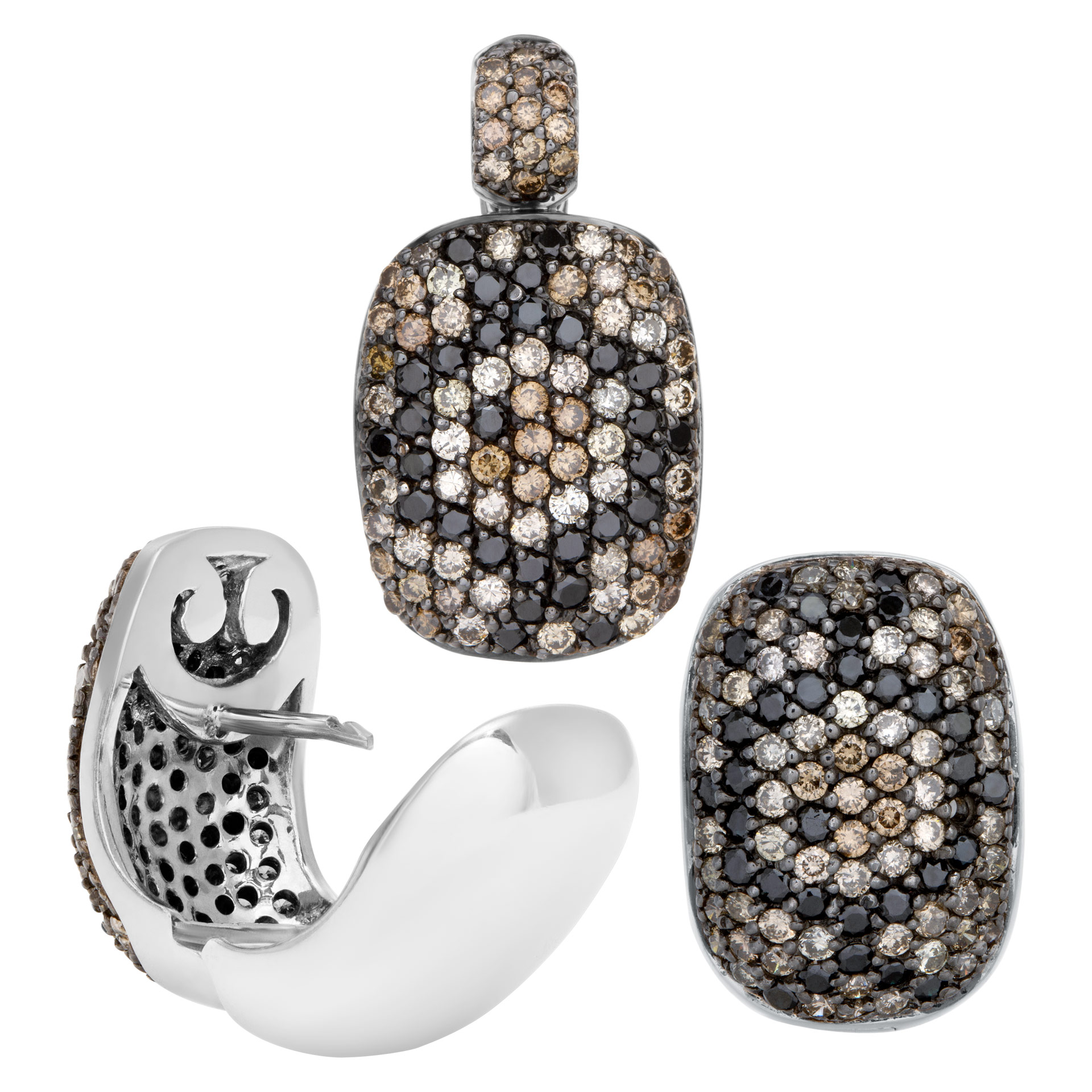 Mosaic of black, champagne & white diamond earrings and pendant set (3 pieces set). Over 3 carats full cut round brilliant diamond set in 18k white gold image 1