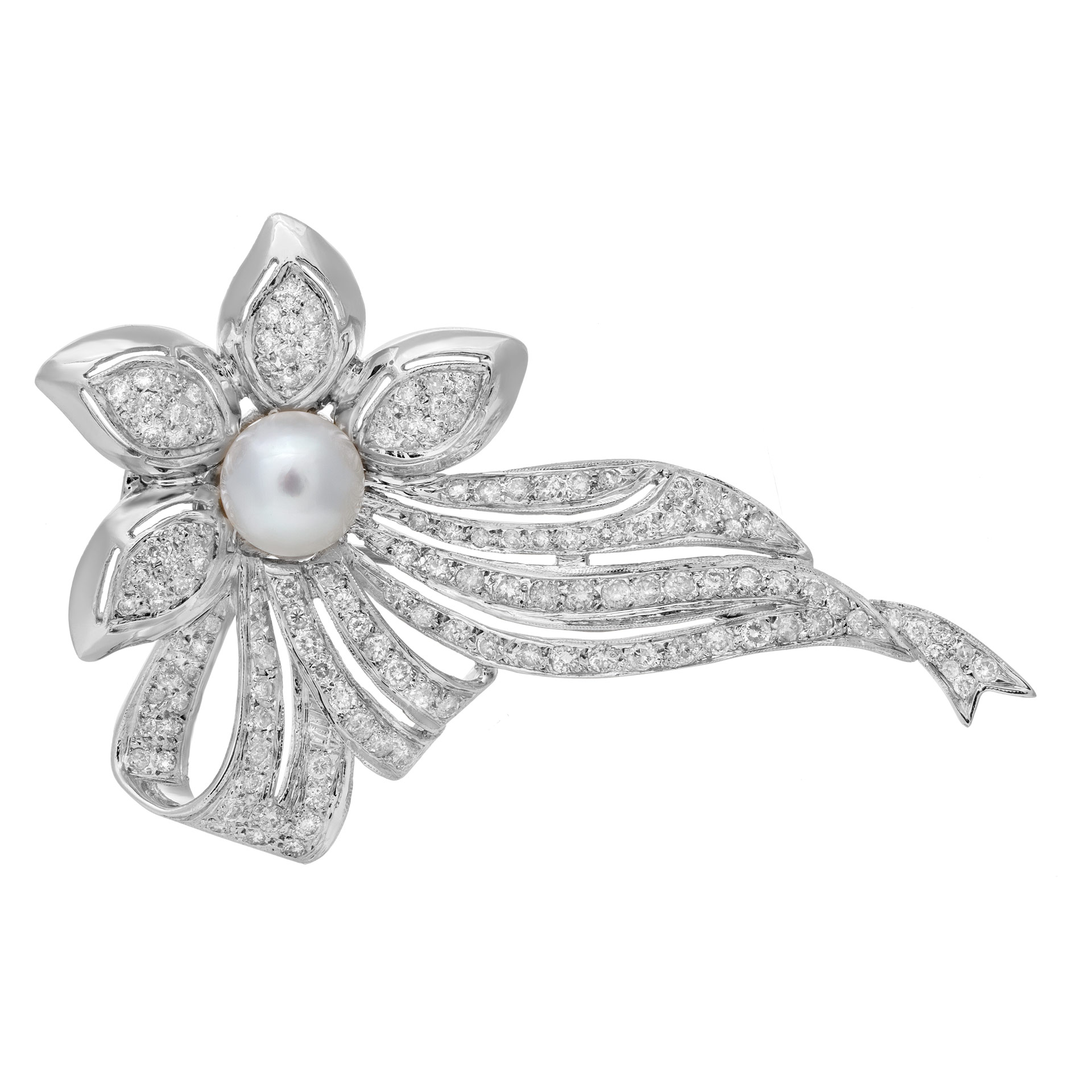 South Sea pearl, slightly off round (10 x10.5mm) & over 2.70 carats diamonds flower brooch set in 18K white gold. image 1
