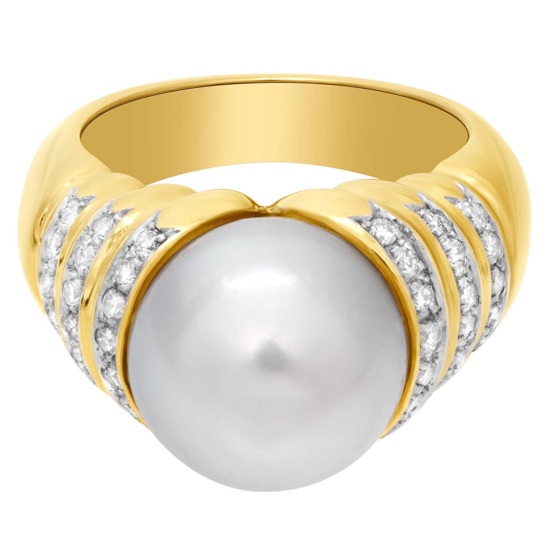 Fresh water pearl (12x12 1/2 mm) & diamonds ring. set in 18K gold image 1