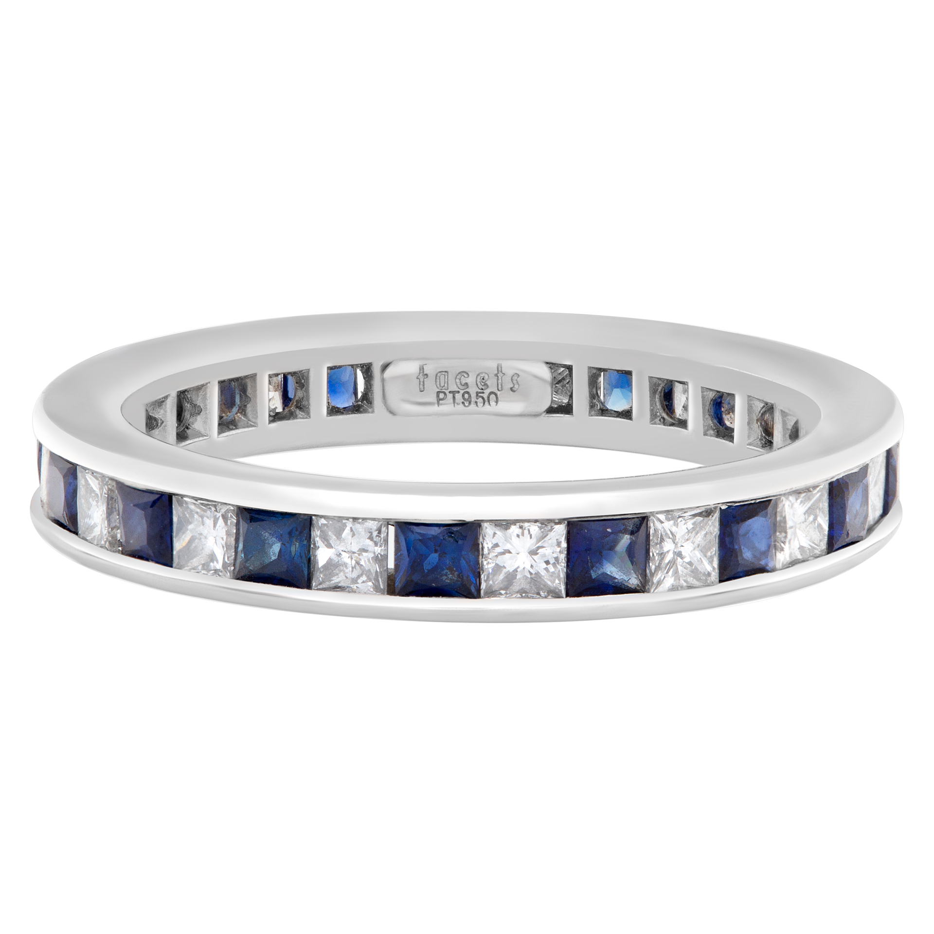 Diamond Eternity Band and Ring with sapphire in platinum; 1 carat in F-G color VS clarity princess cut diamonds & 1.50 carats in deep blue sapphires image 1
