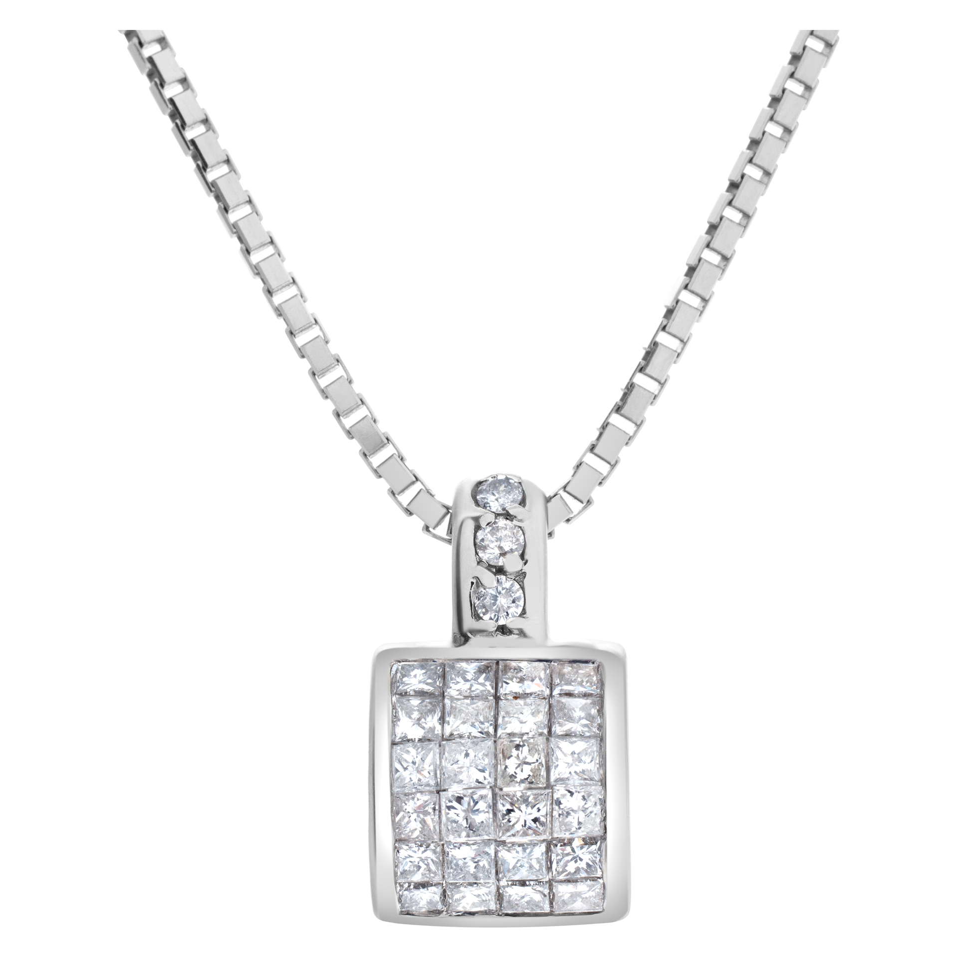 Diamond barrel pendant in 14k white gold with invisible set princess cut diamonds image 1