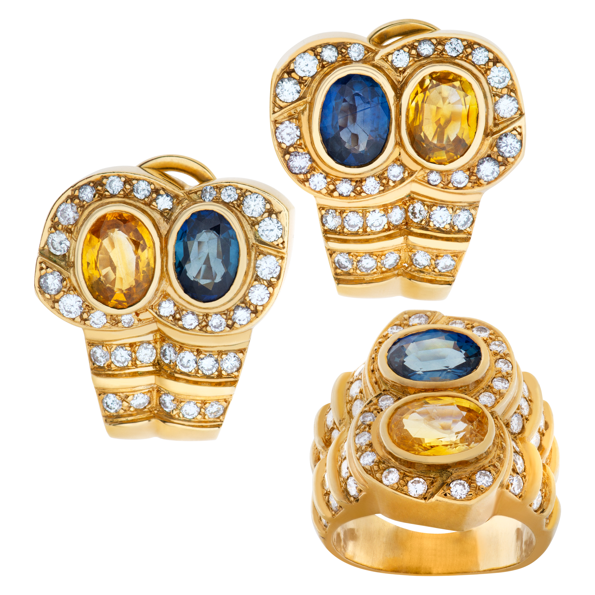 Colorful ring & earrings set, with brilliant cut oval citrine, blue topaz & round brilliant cut diamonds set in 18K. image 1