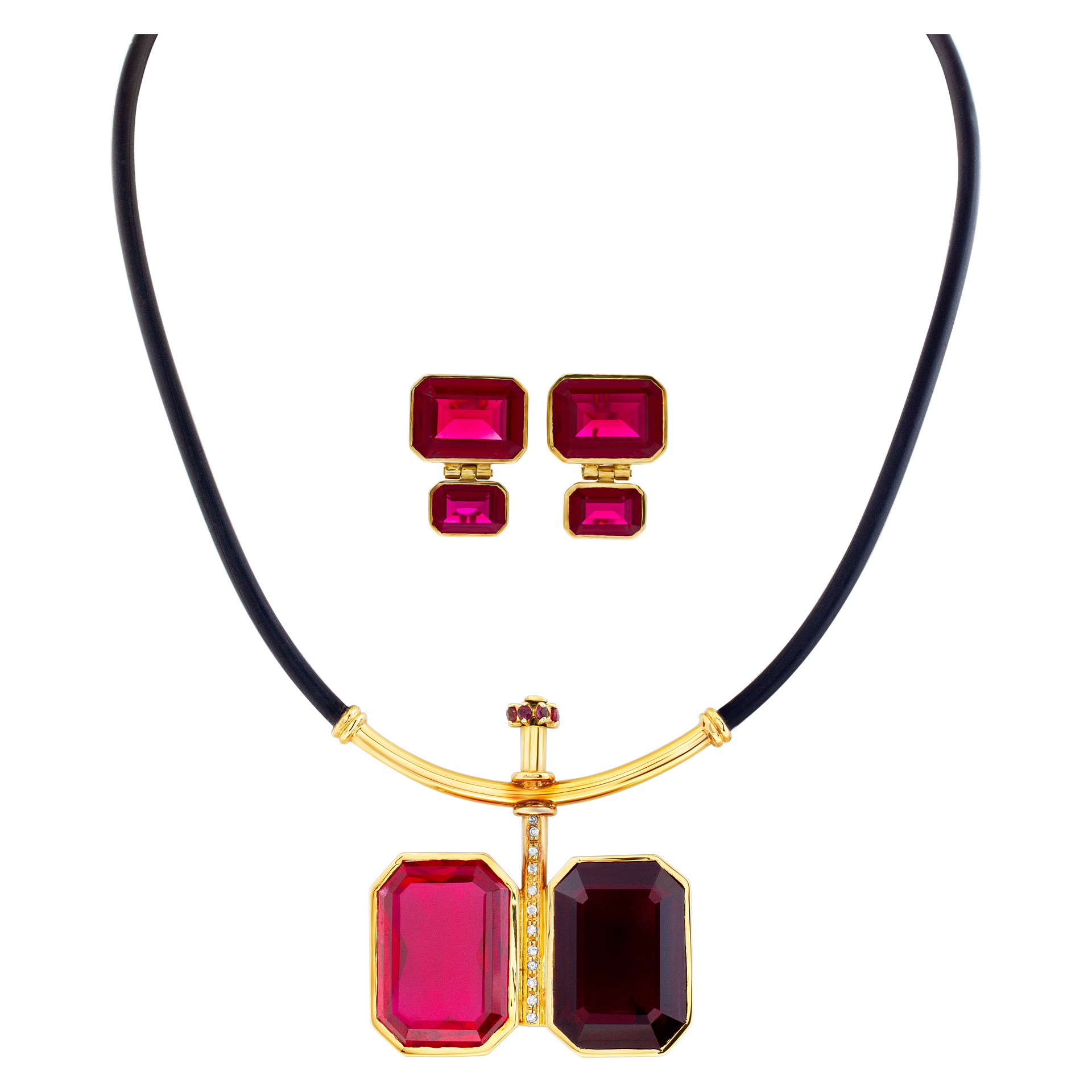 Modernist design necklace & earrings set, on a black cord with colorful beveled red emerald cut  & pave diamond accent, in 18Kt yellow gold. image 1