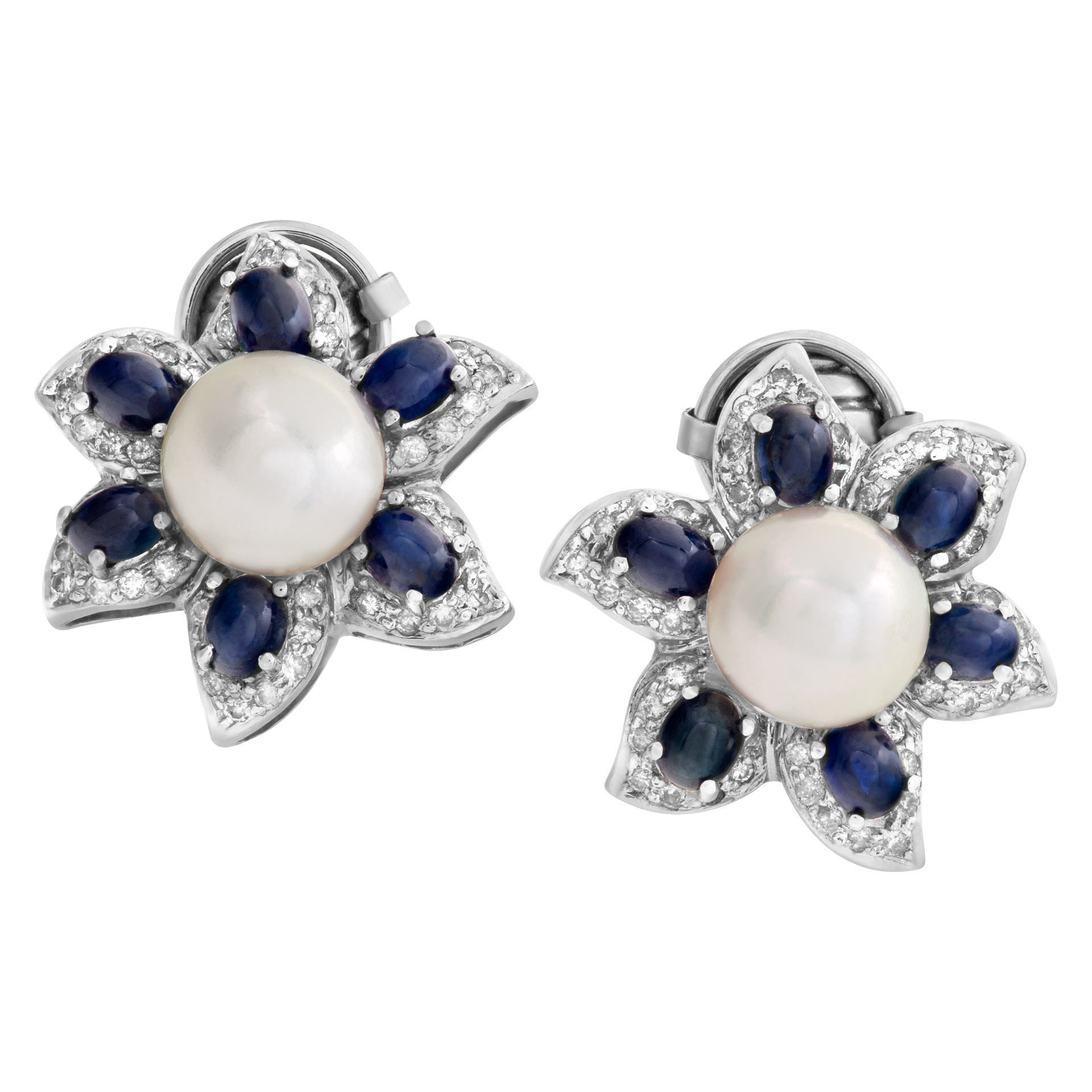 Flower design earrings in 14k white gold with sapphires, diamonds and pearls. image 1