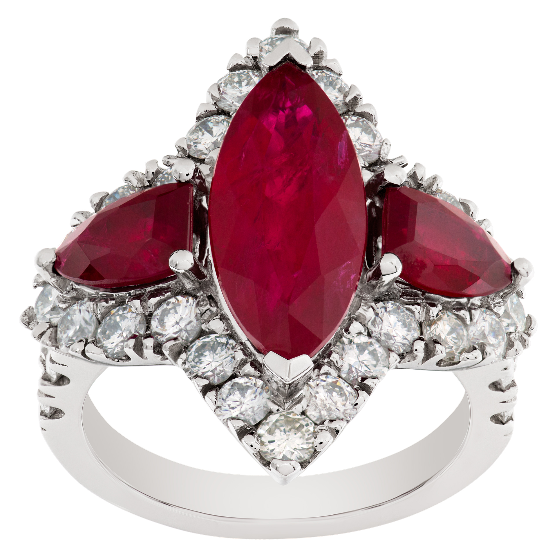 Gorgeous platinum ring with GIA certified 3.51 carat center step cut marquise brilliant Ruby, image 1