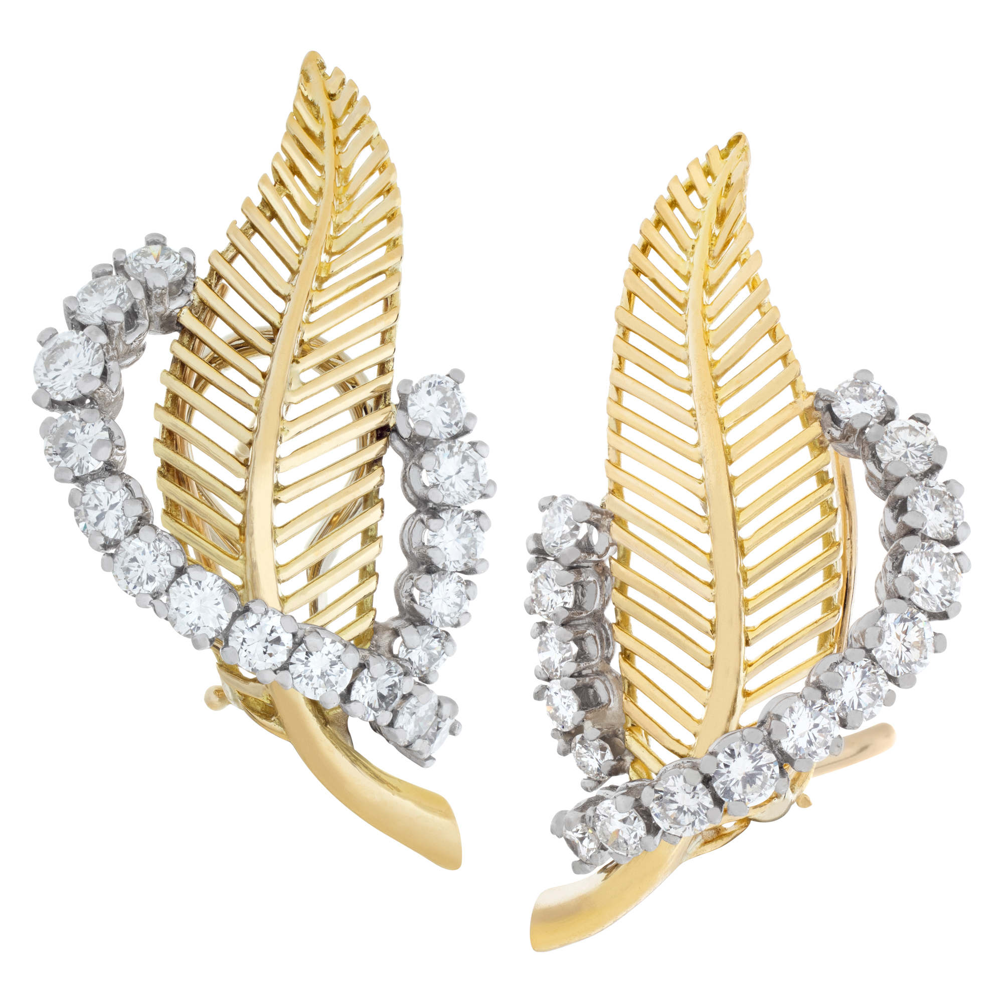 Leaf shaped diamond earrings in 18k yellow gold with Omega/post clip back. image 1