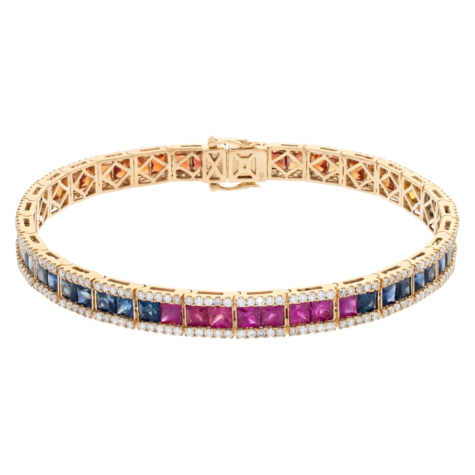 Rainbow line bracelet in 14k with diamonds and colorful sapphires image 1