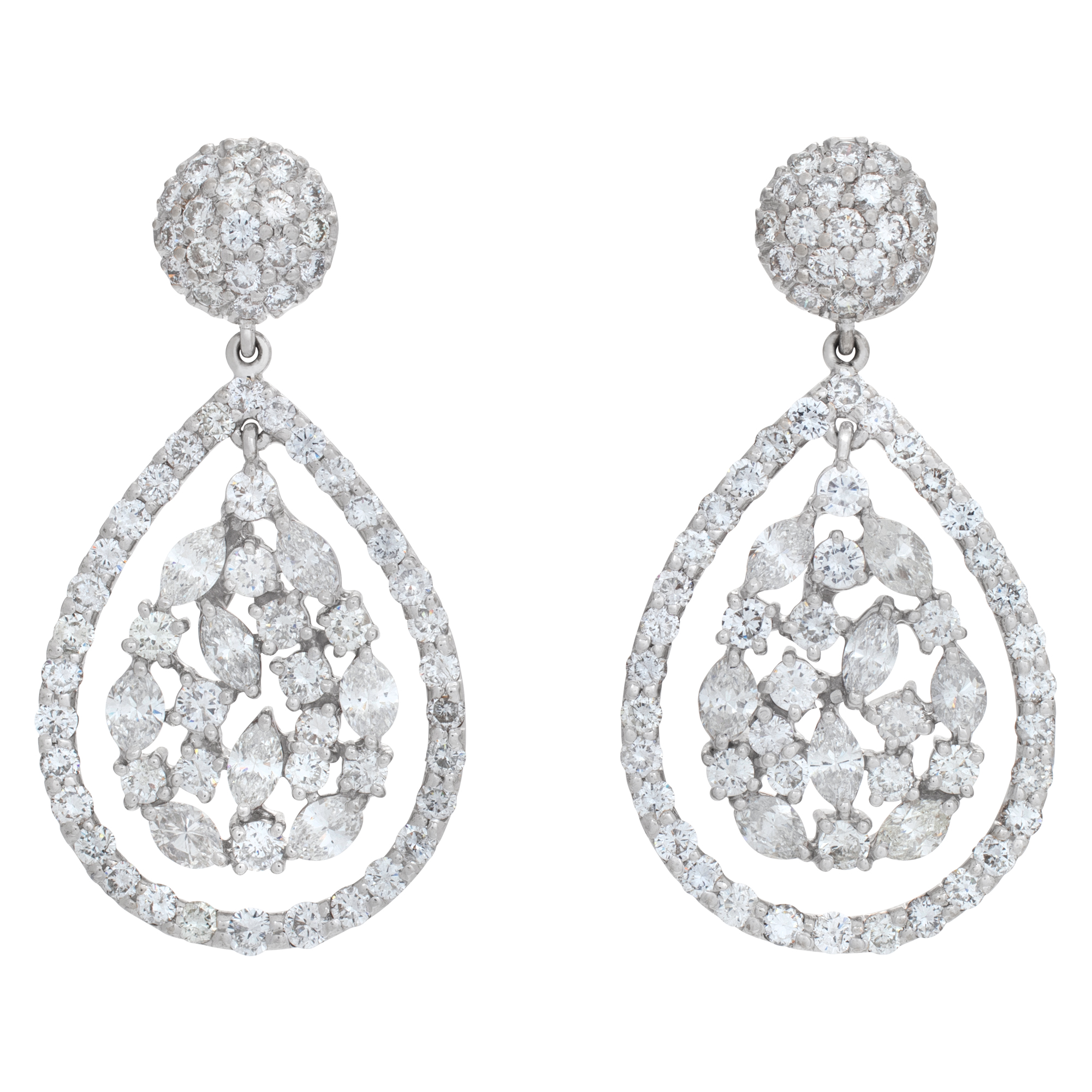 Tear drop dangle diamond earrings set in 18k white gold image 1