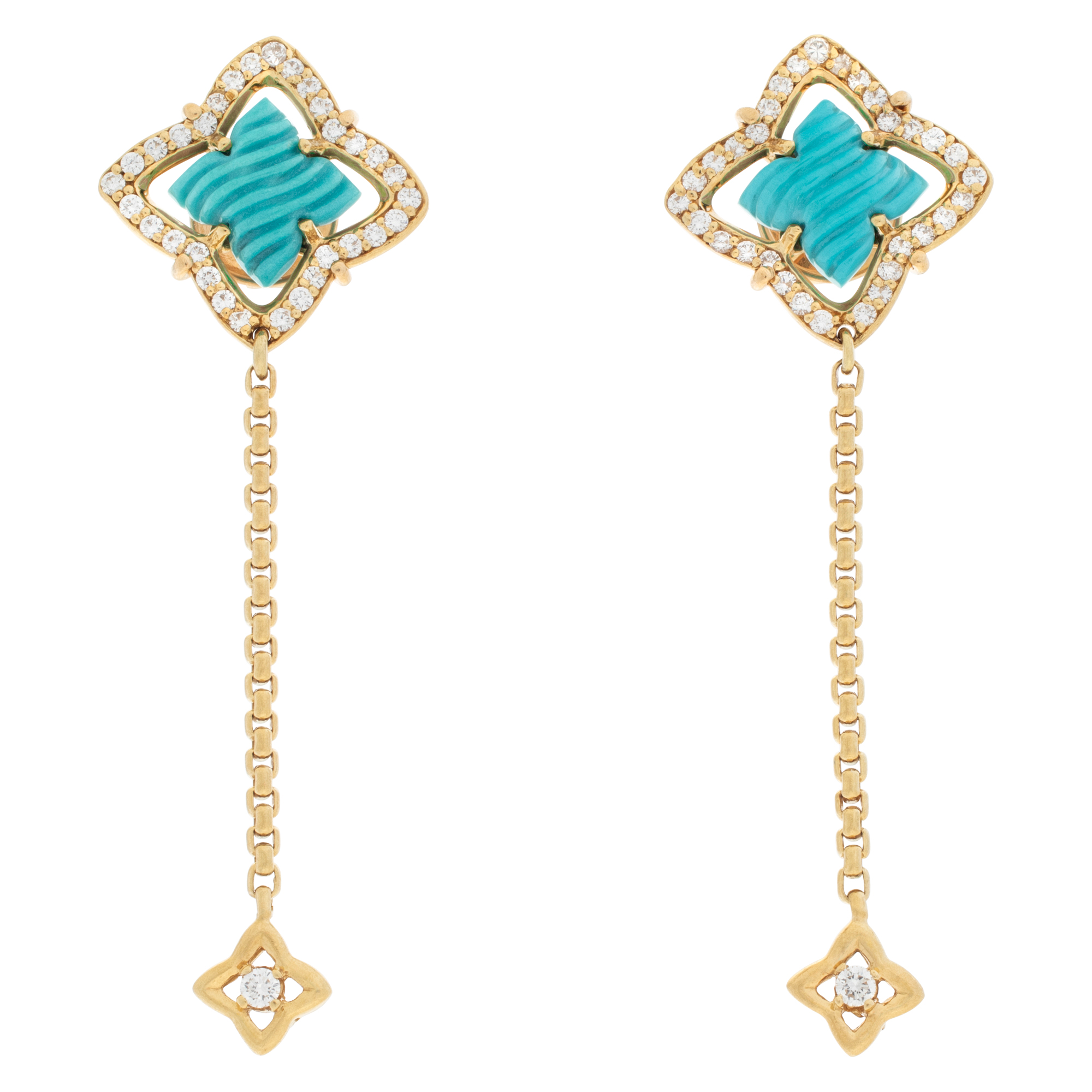 David Yurman Quatrefoil Turquoise And Diamond Drop Earrings Set In 18k Gold image 1