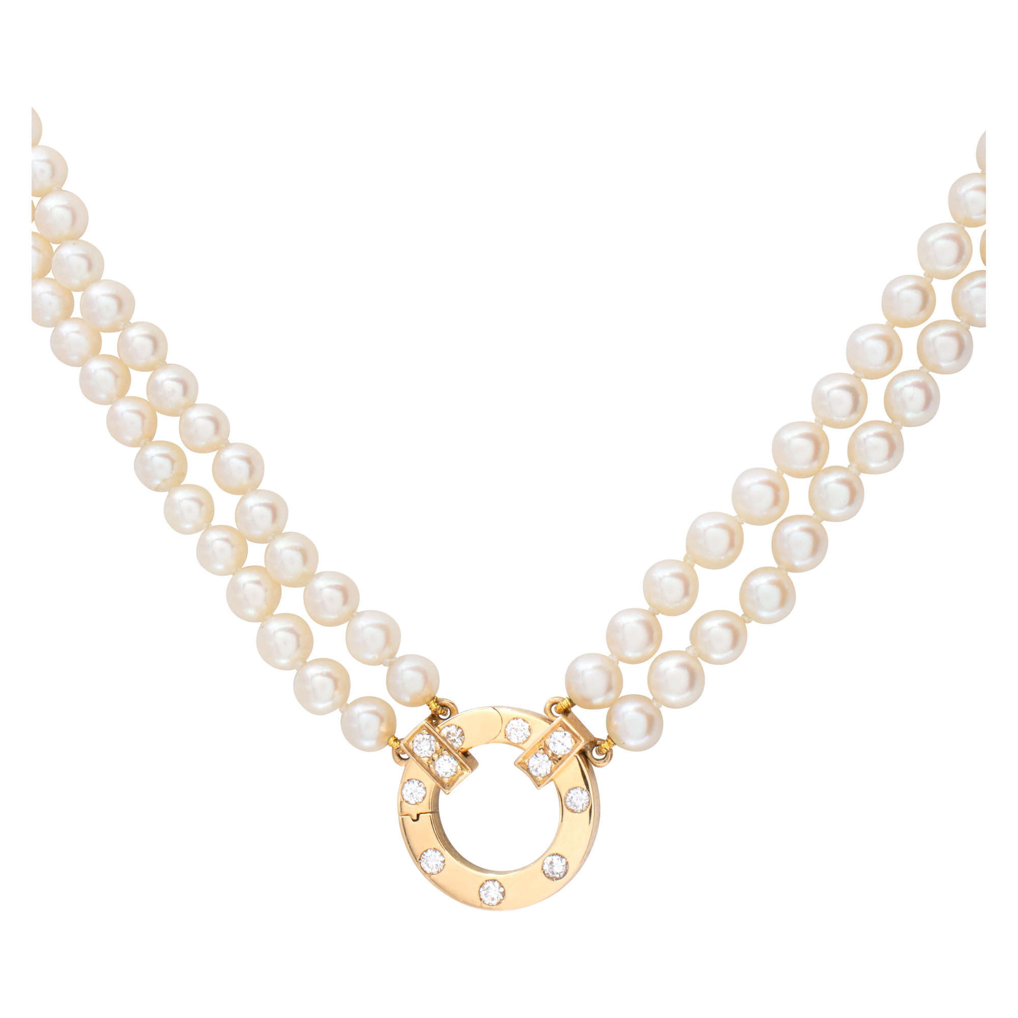 Lovely double strands pearl necklace with 18K gold & diamonds designer clasp, signed "FI" clasp - 16". . image 1