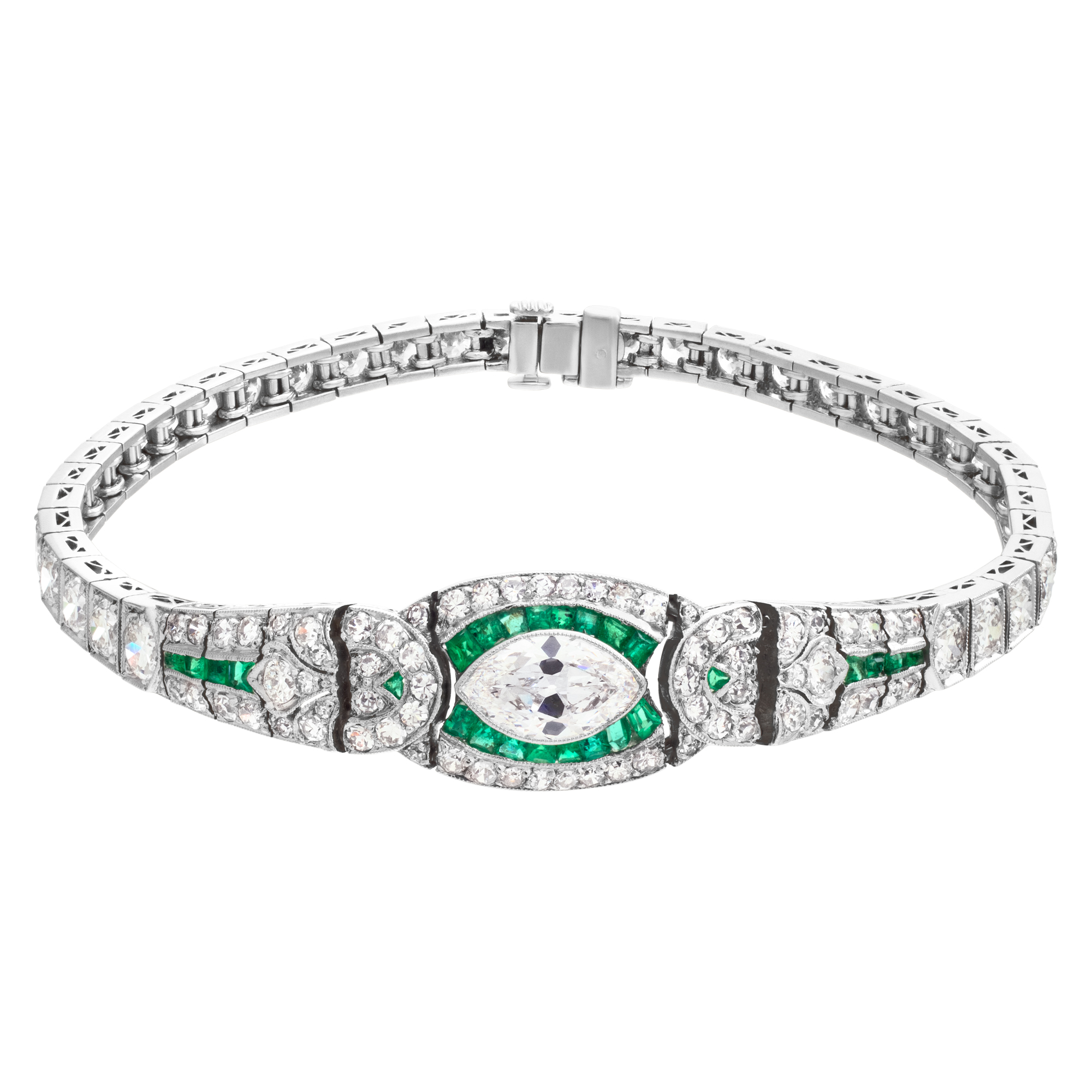 Vintage Art Deco Platinum Bracelet with  diamonds and stone cut emerald accents image 1