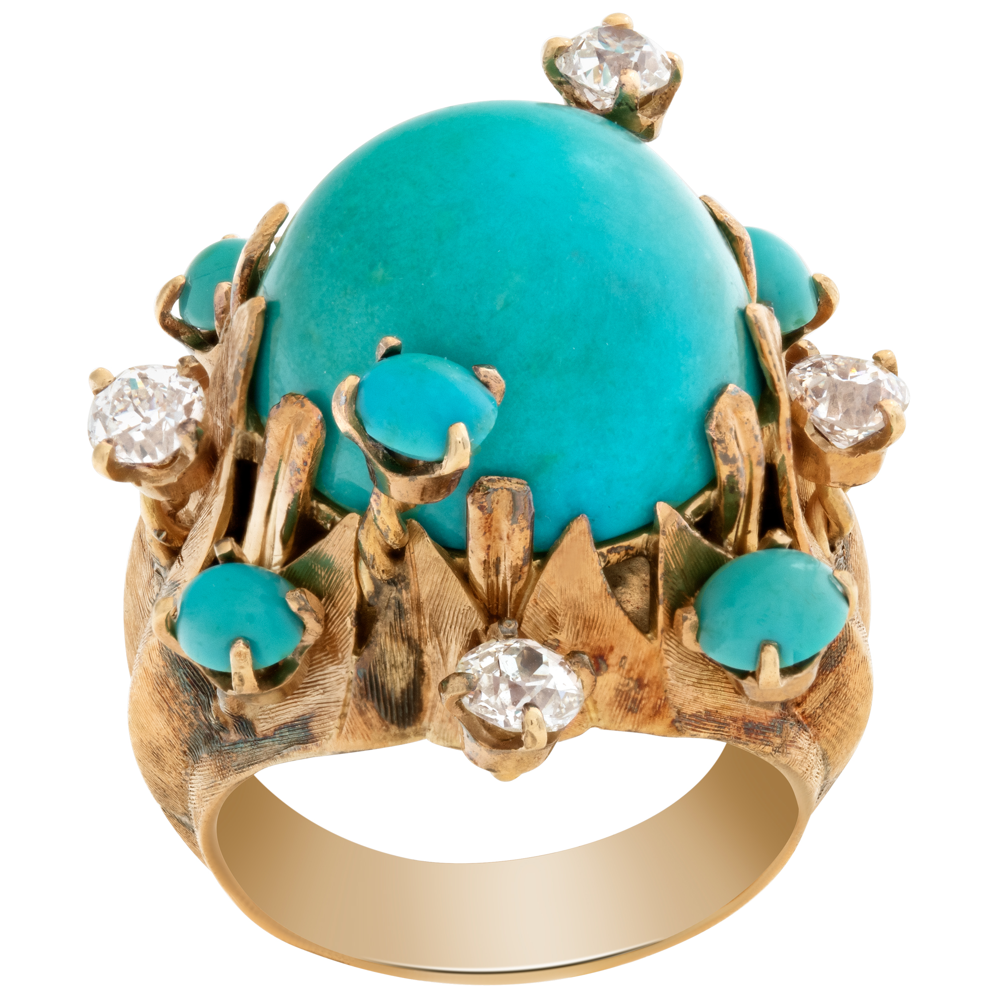 Cabochon Turquoise ring with round brilliant cut diamonds set in 18k image 1