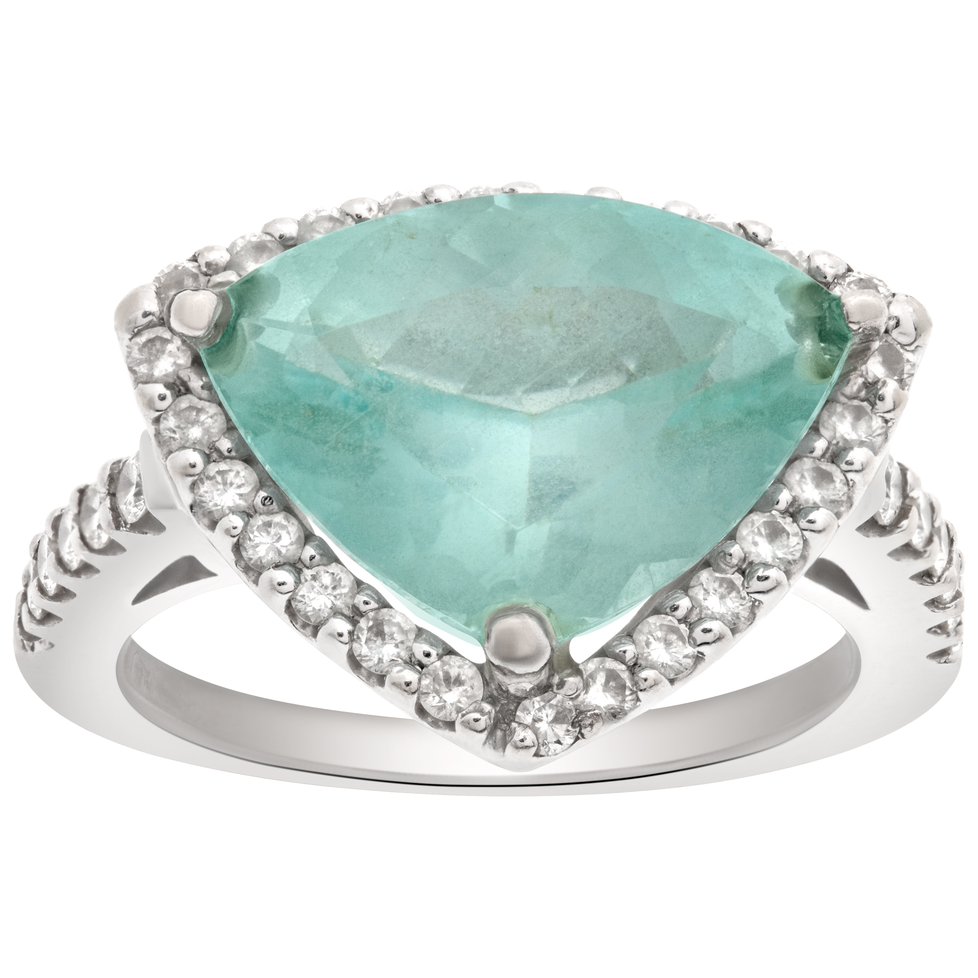 Triangular green aquamarine (over 3 carats) and diamonds ring set in 18k white gold. image 1